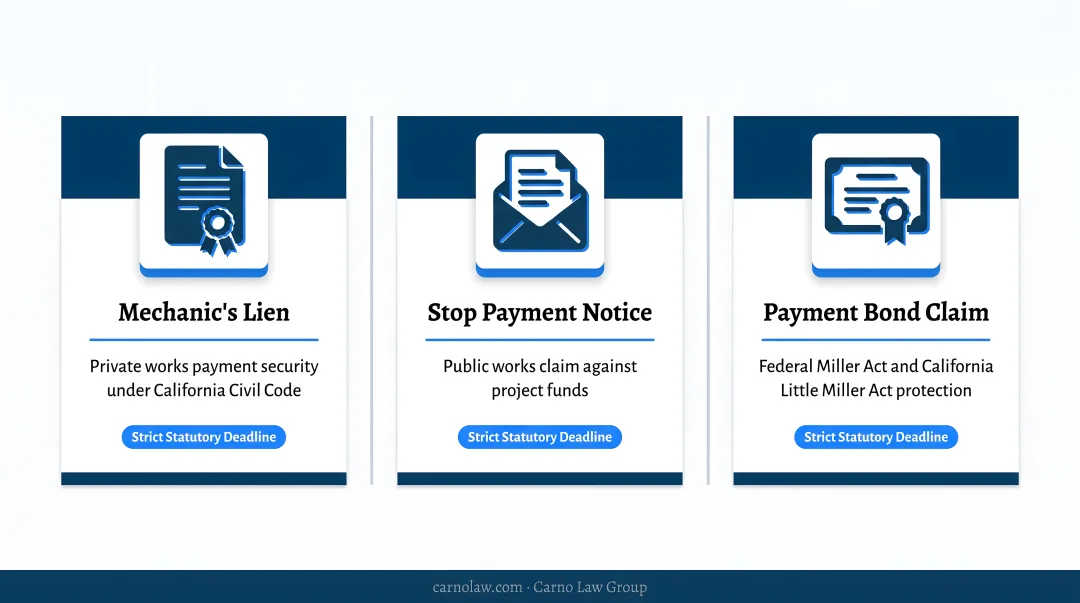 California mechanic's lien stop payment notice and bond claim comparison deadline chart