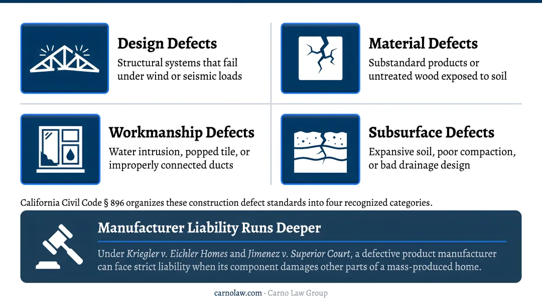 Four types of California construction defects design material workmanship subsurface
