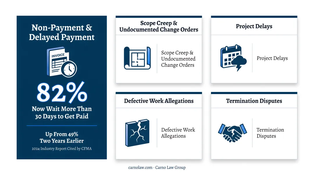 Common causes of construction contract disputes including payment delays and scope creep