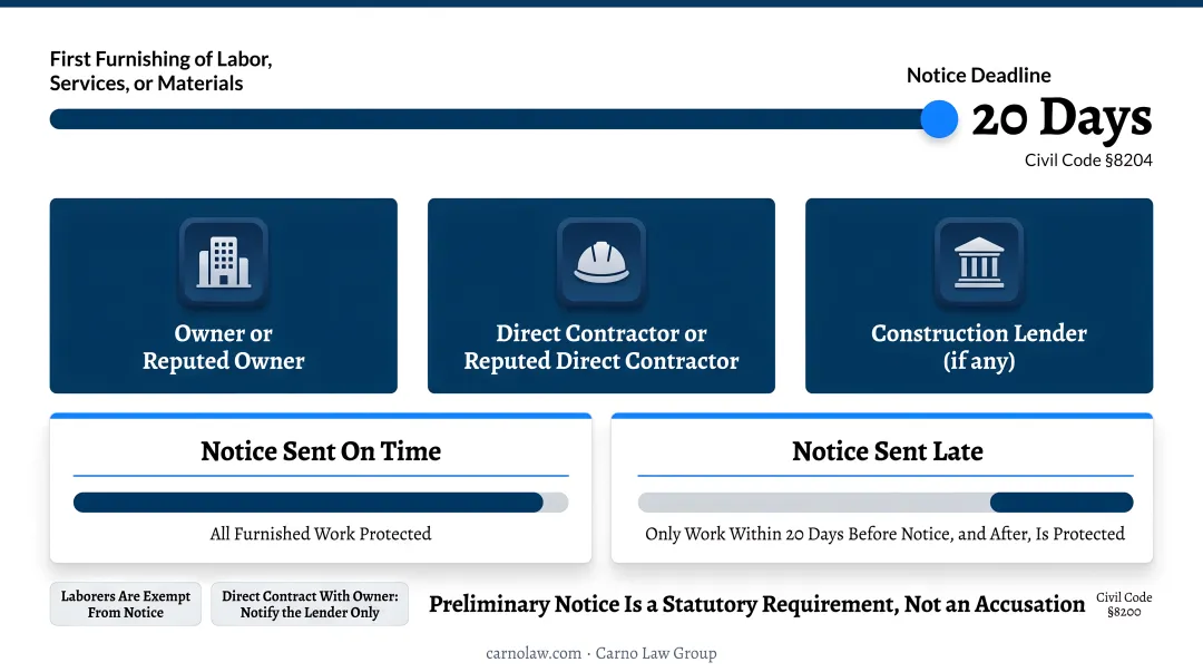 California 20-day preliminary notice requirements recipients exemptions and late notice rules