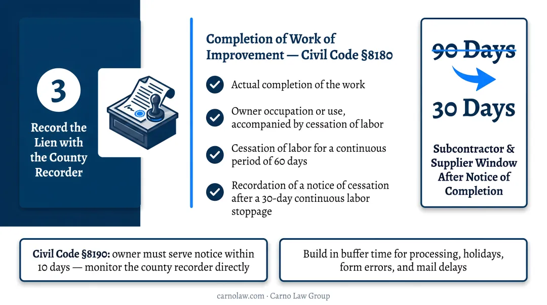 California mechanics lien recording deadlines by claimant tier comparison chart