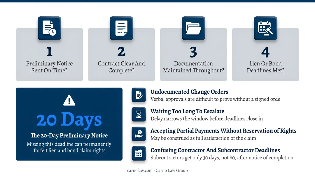 Four common construction payment claim mistakes that permanently eliminate contractor legal rights