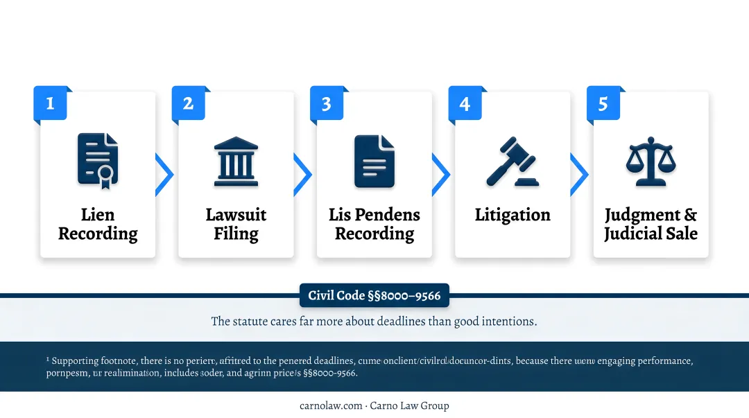 5-stage mechanic's lien foreclosure process from recording to judicial sale