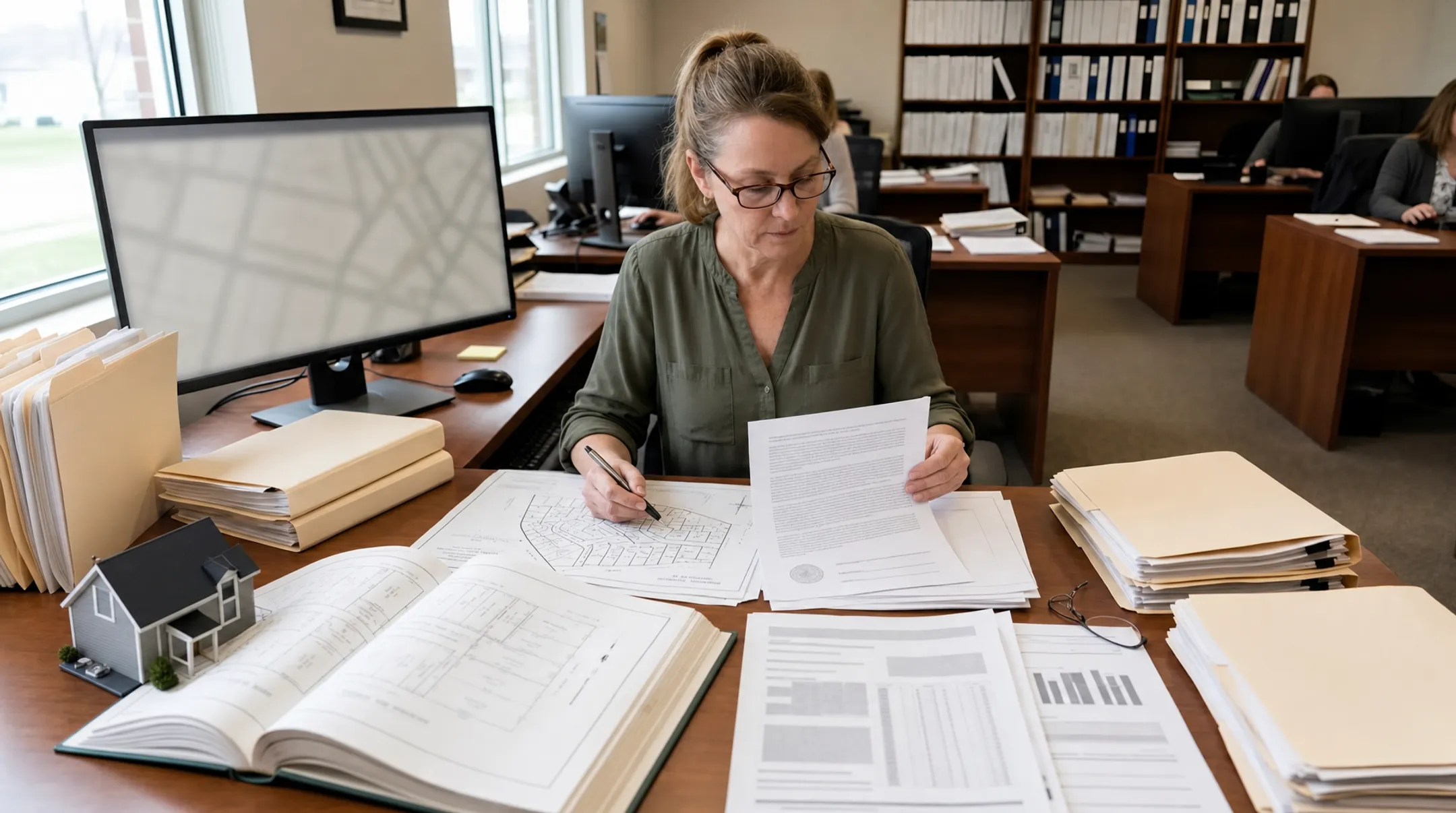 Real estate professional reviewing property title and valuation documents