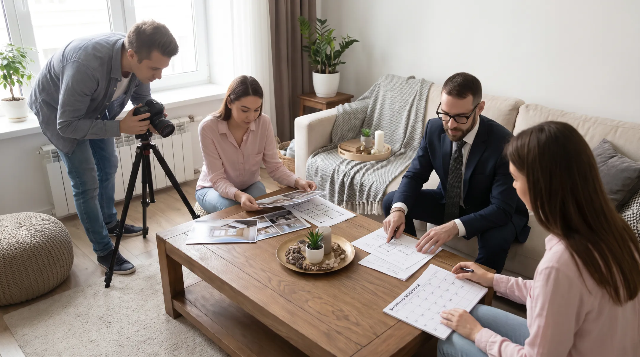 Real estate team preparing professional listing photography and marketing materials
