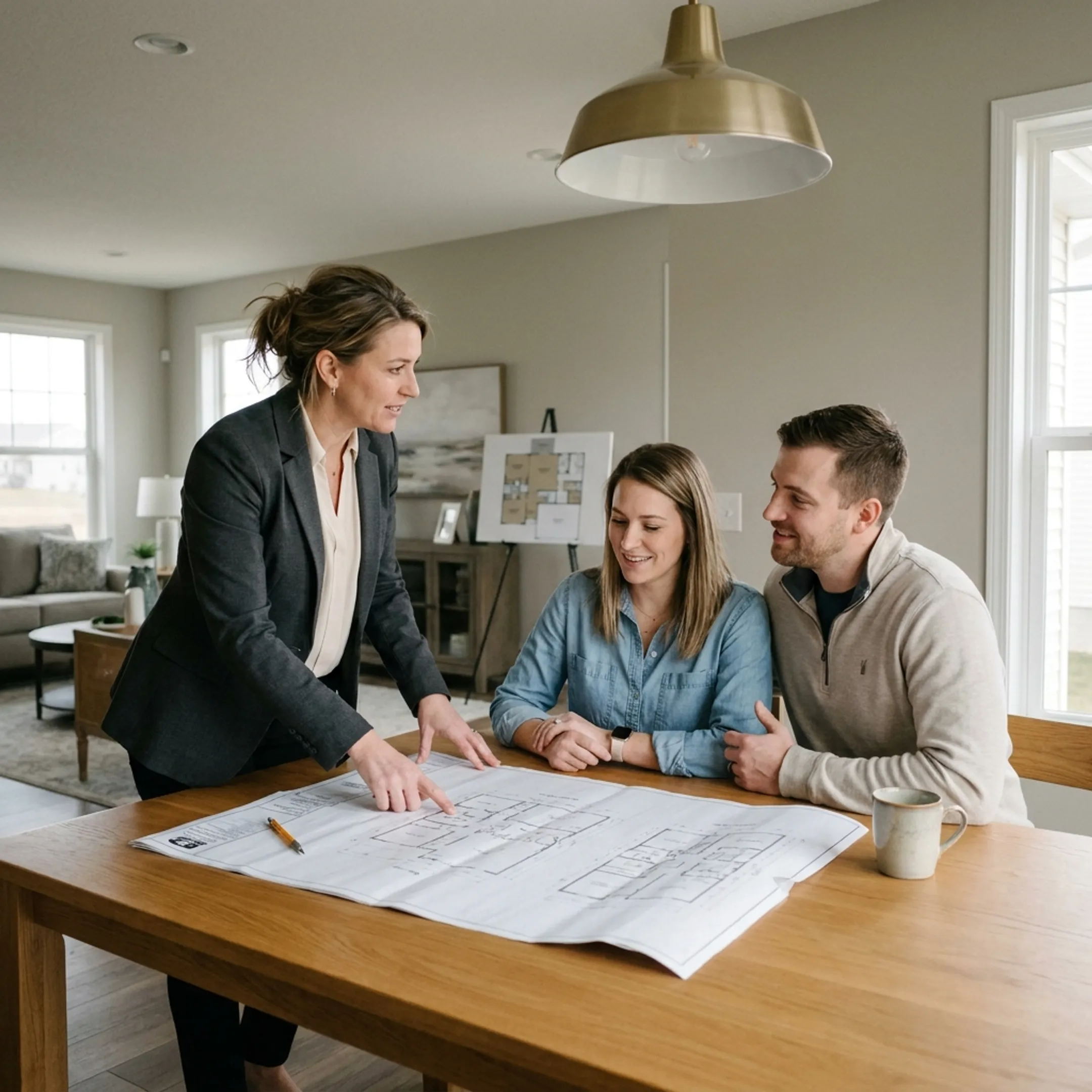 Real estate agent guiding buyers through a new construction home purchase