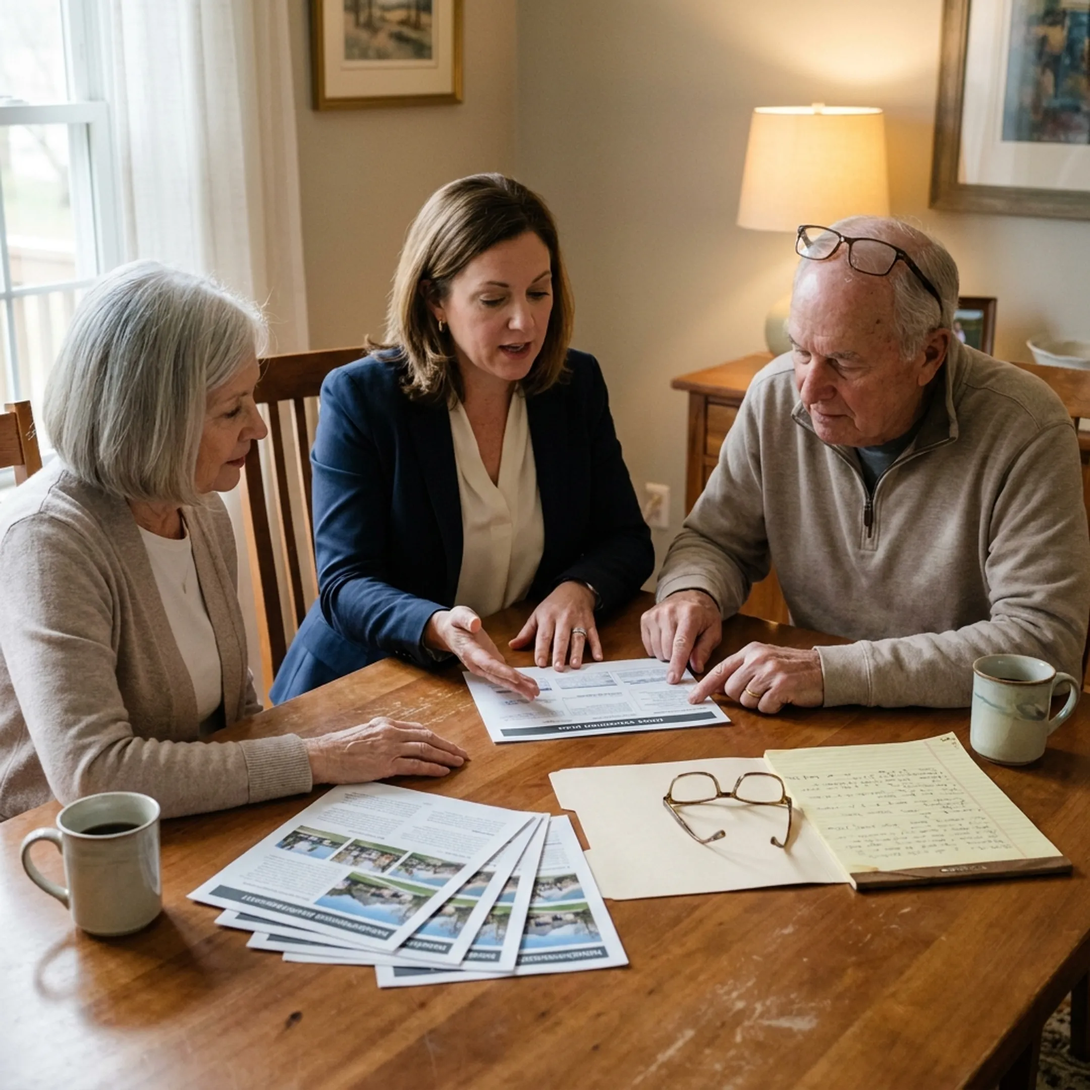 Senior clients consulting with a real estate agent about a home transition