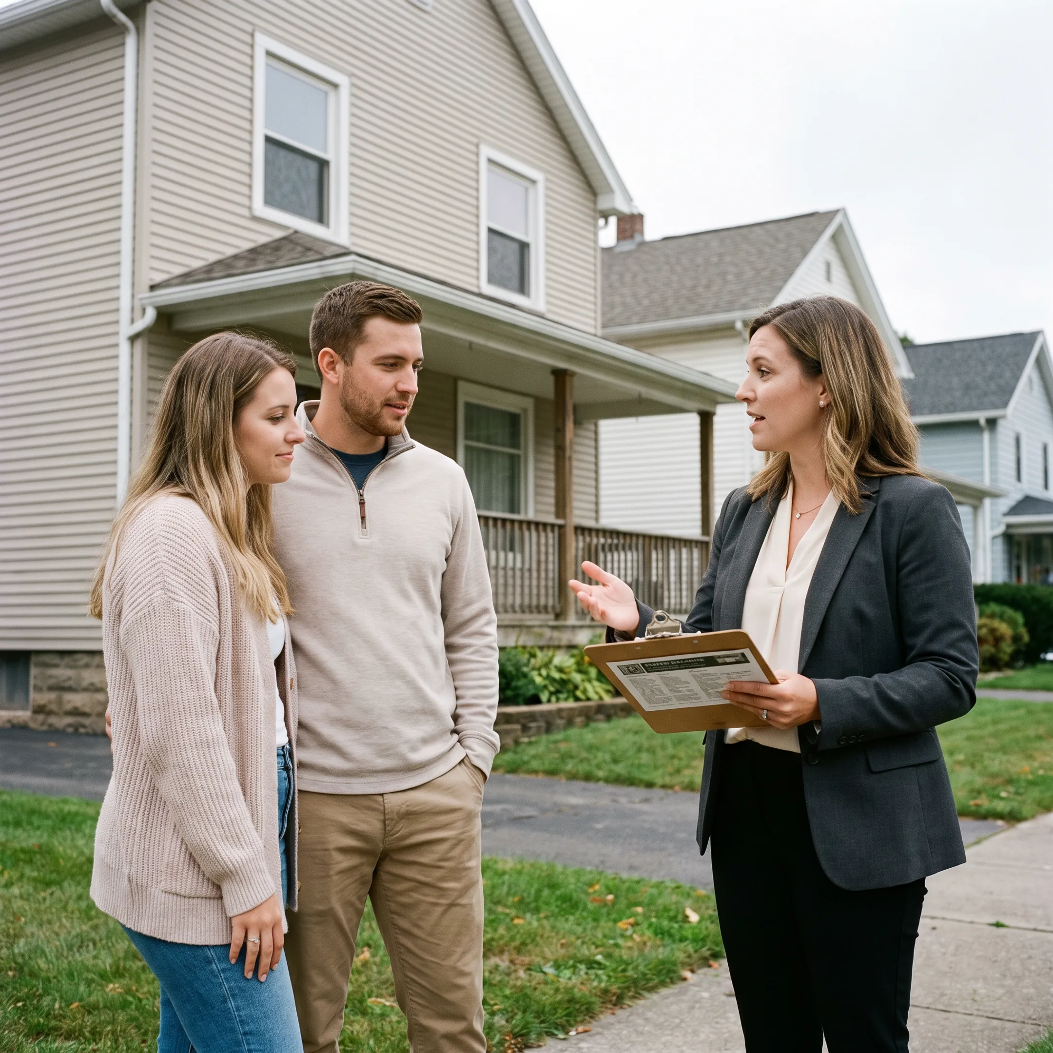 Real estate agent helping first-time buyers review a home listing