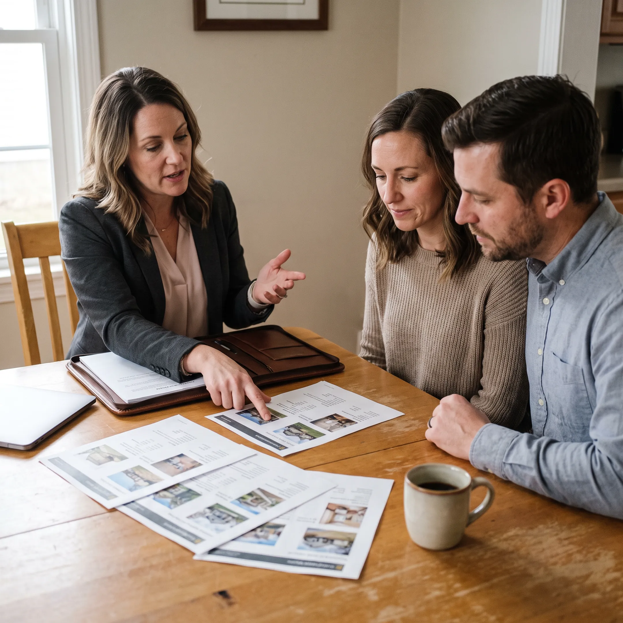 Real estate professional reviewing property information with clients