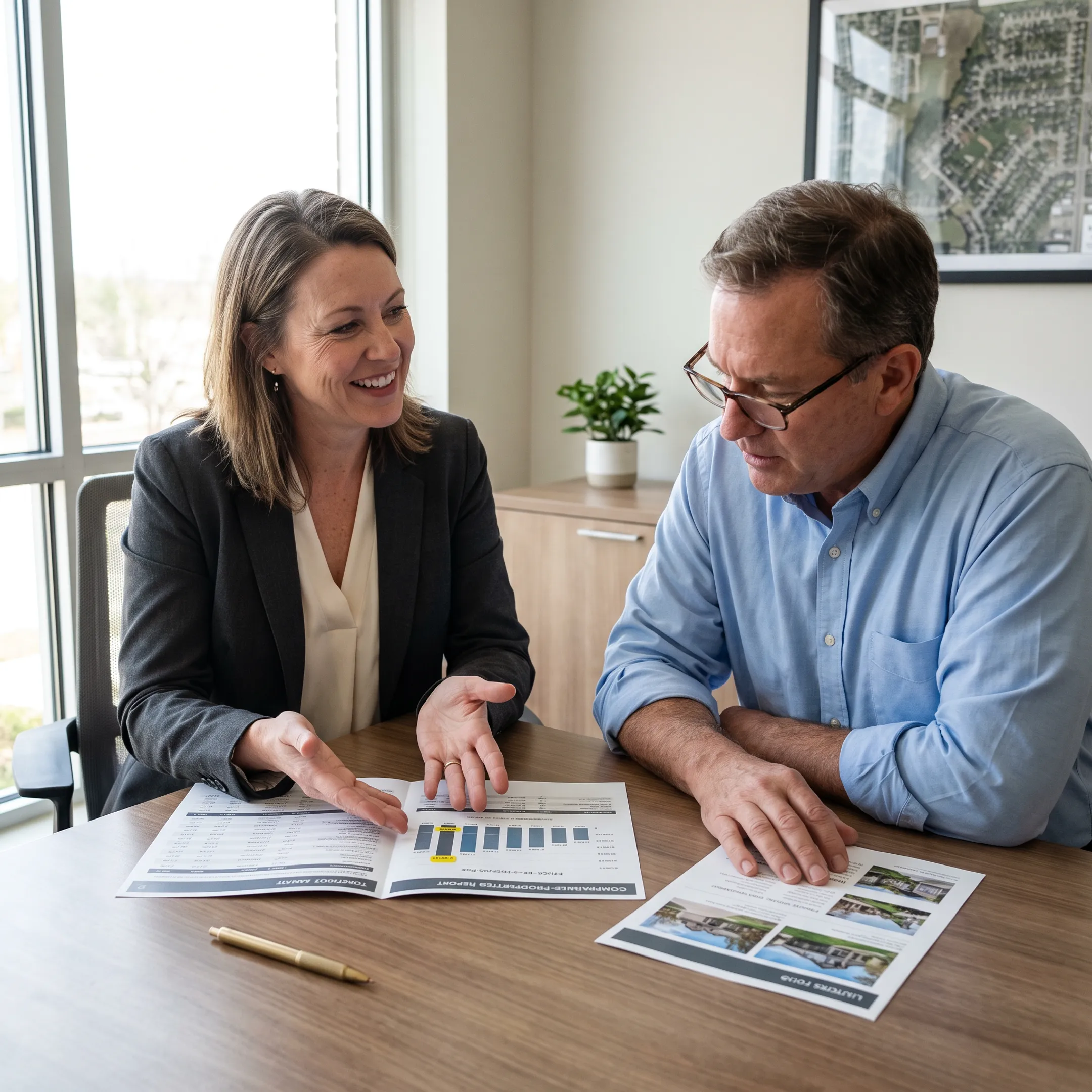 Agent explaining investment property market analysis to a real estate client