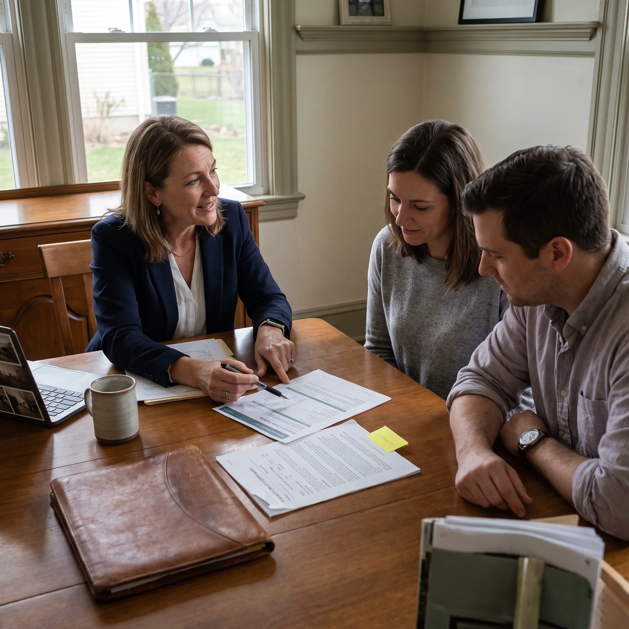 Agent reviewing home selling documents with family members