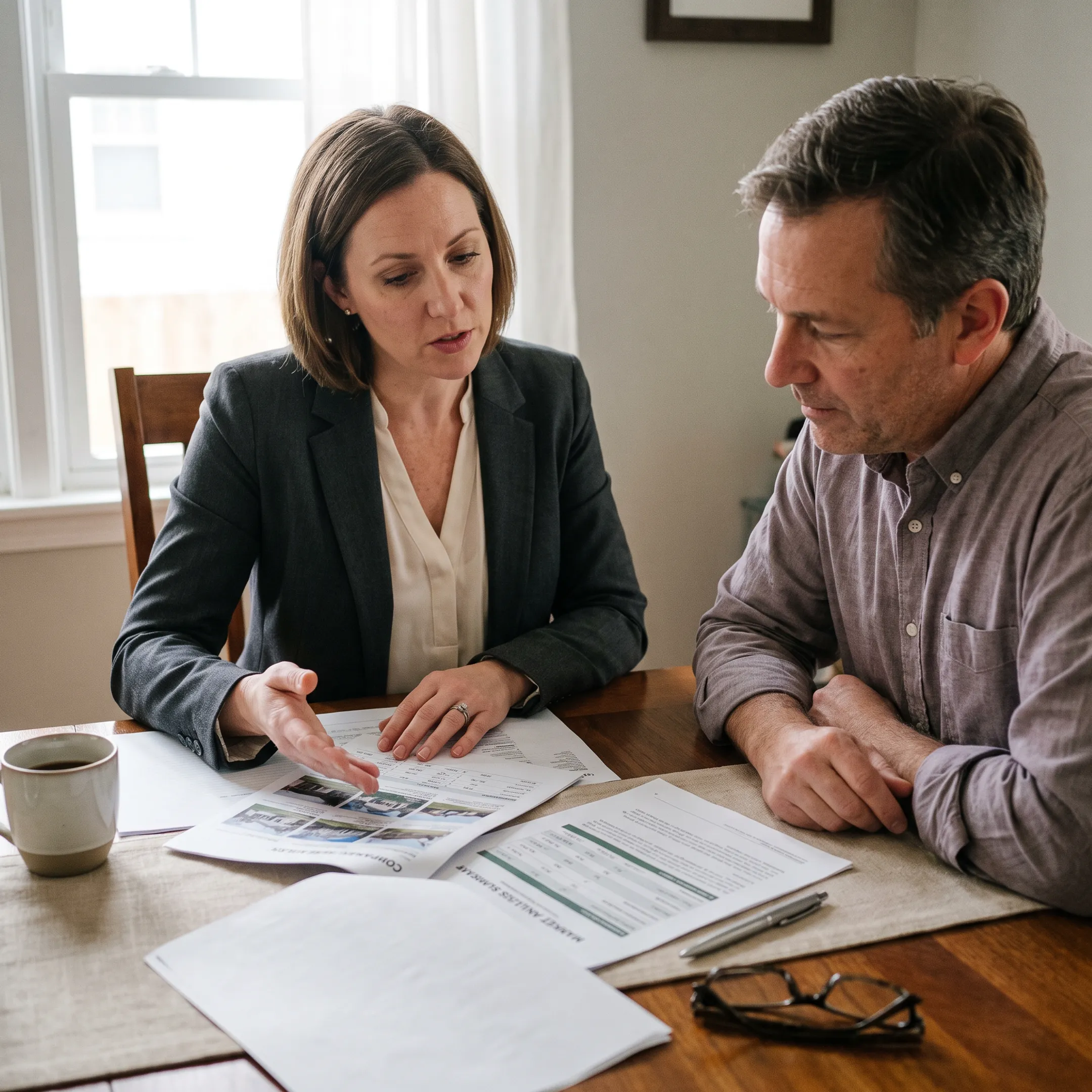 Real estate professional reviewing a home valuation and market analysis with a client