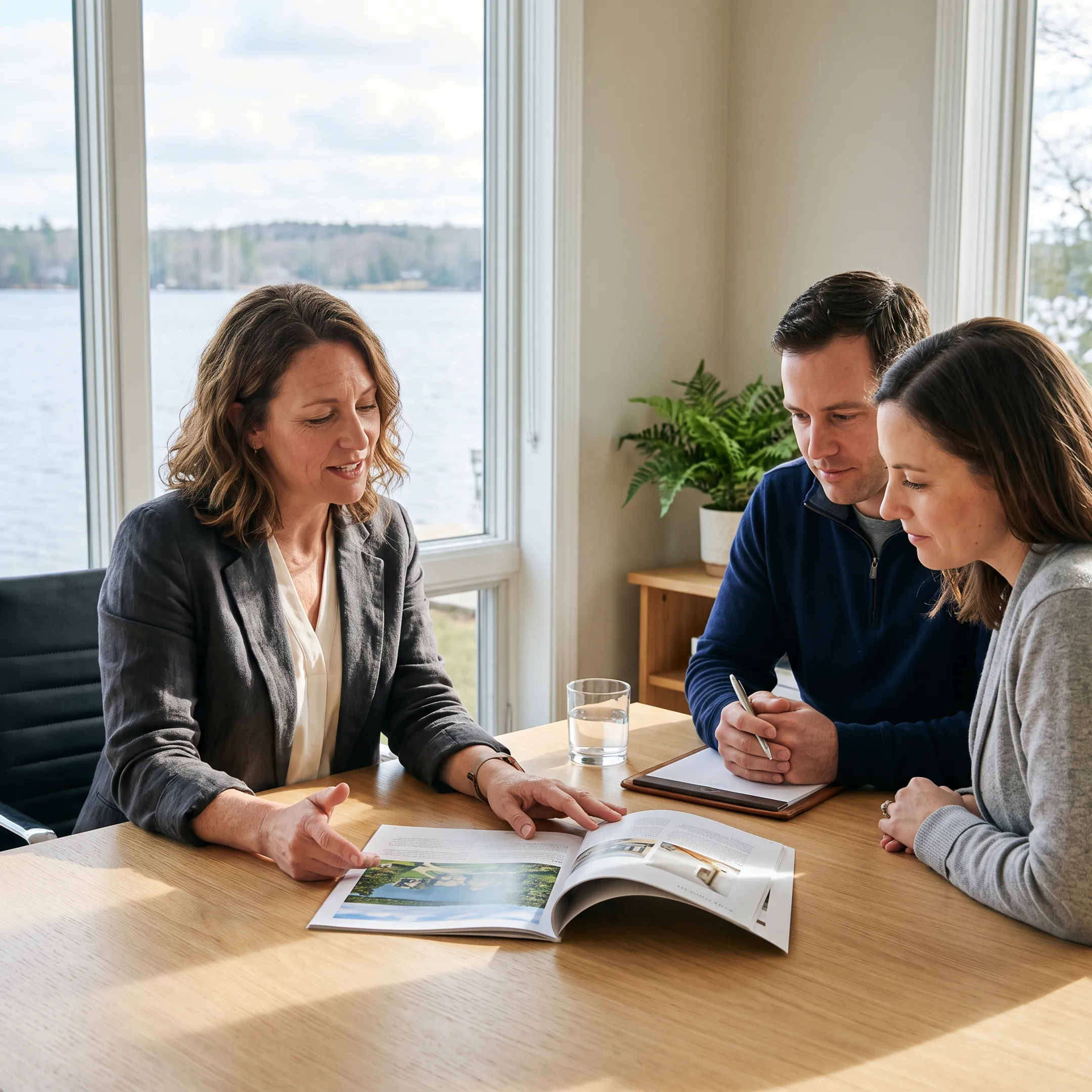 Real estate professional reviewing lakefront home listing details with clients