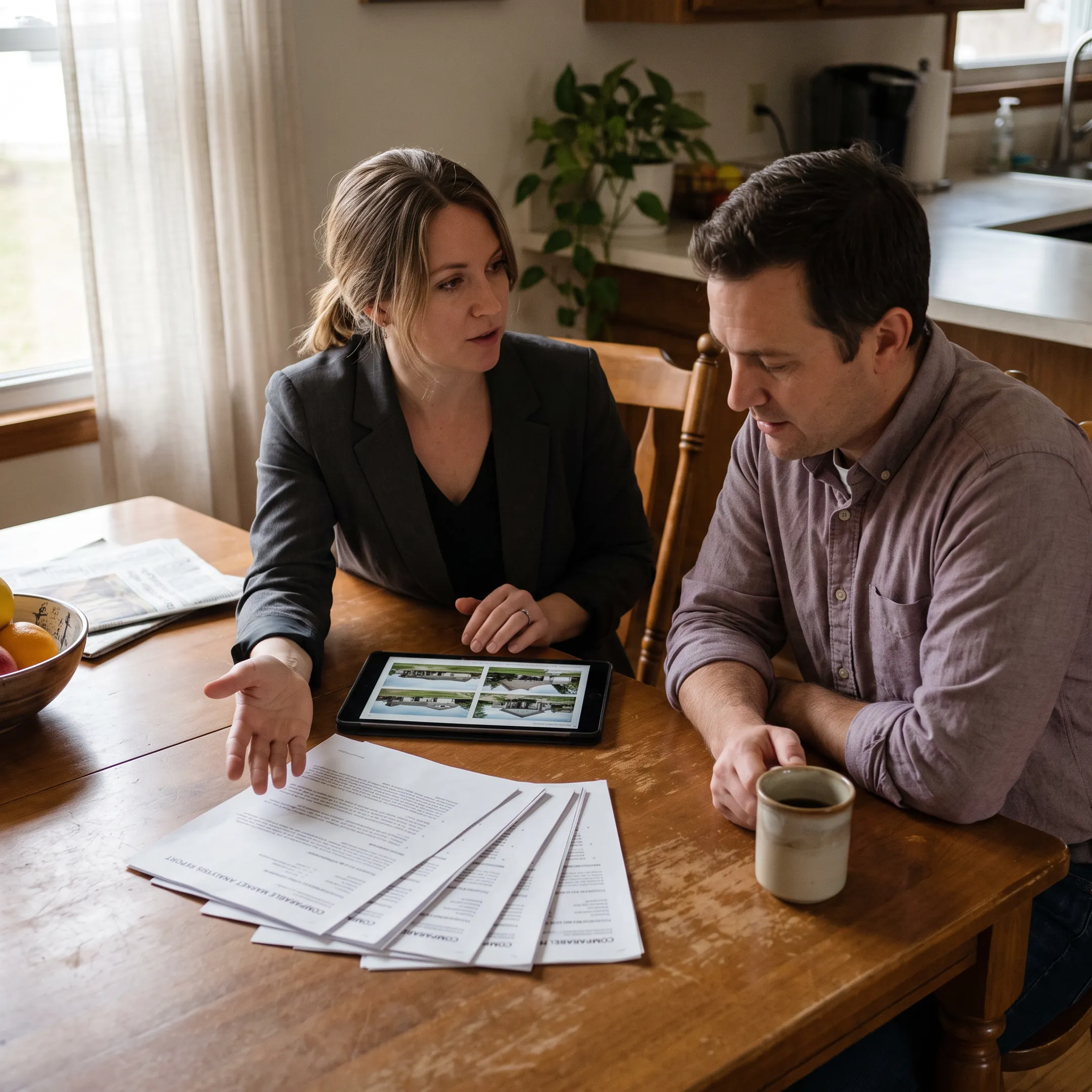 Real estate agent reviewing a home valuation and market analysis with a Western New York homeowner
