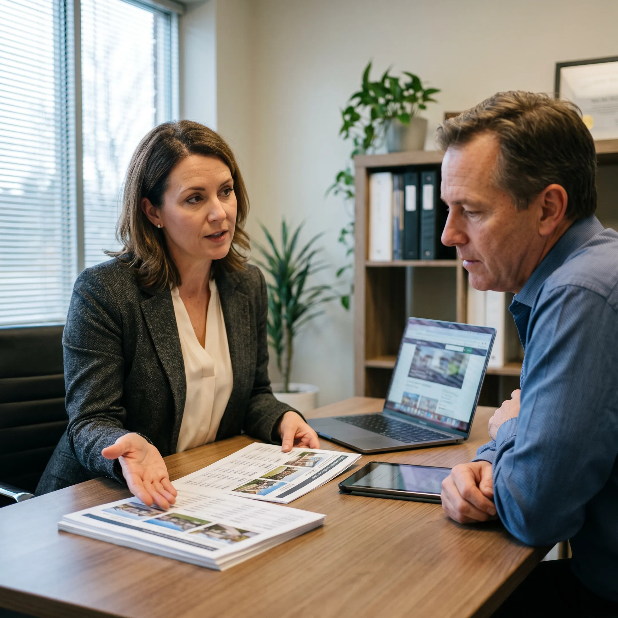 Agent presenting condo market analysis to a client