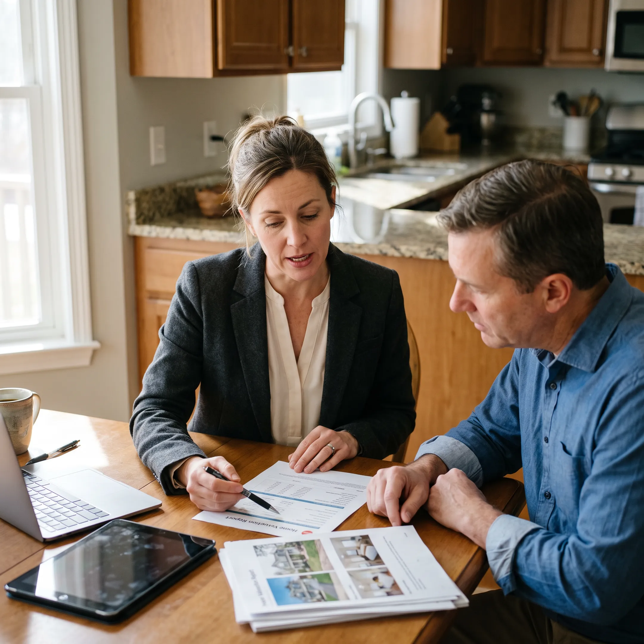 Real estate professional discussing a home valuation with a homeowner