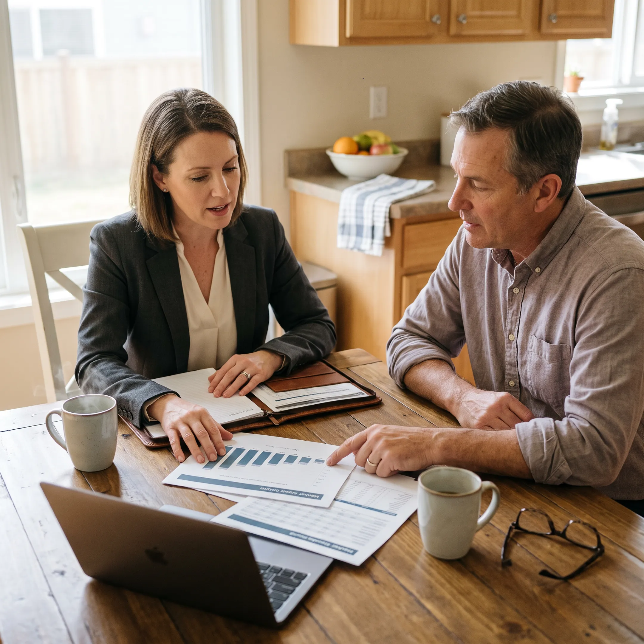 Real estate professional reviewing market information with a home seller