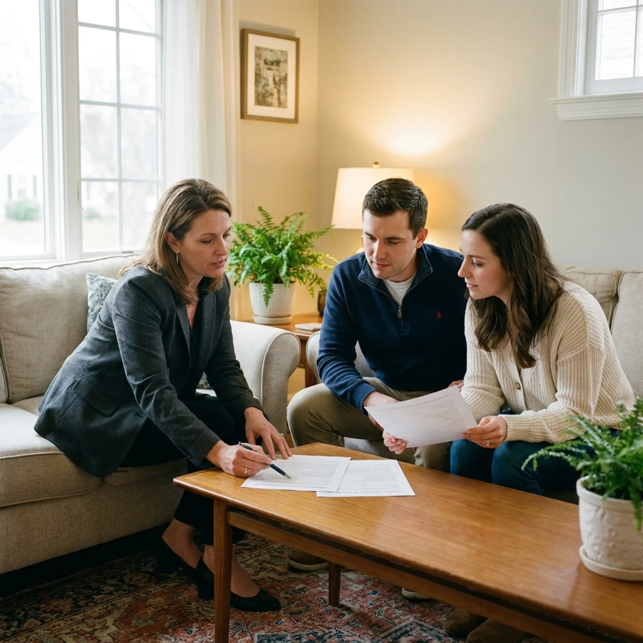 Real estate agent discussing a home purchase with clients in a bright Western New York living room