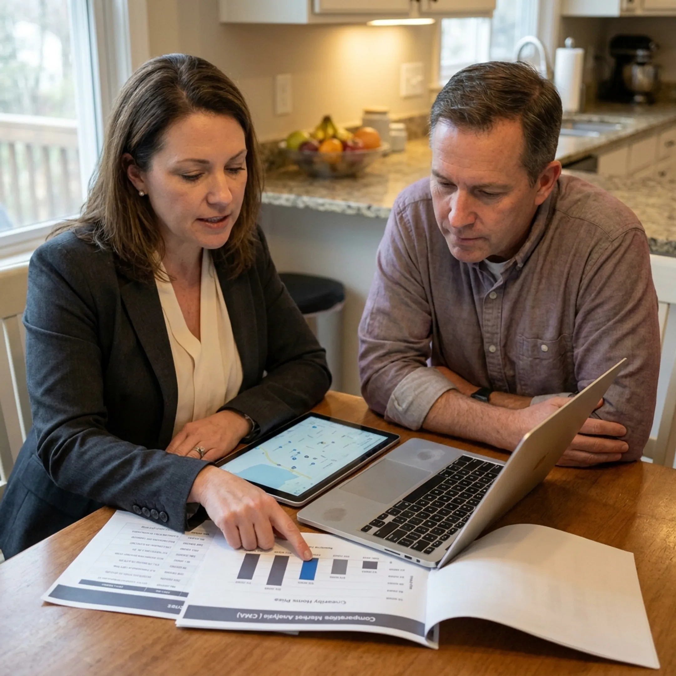 Realtor presenting a home valuation and market information to a homeowner