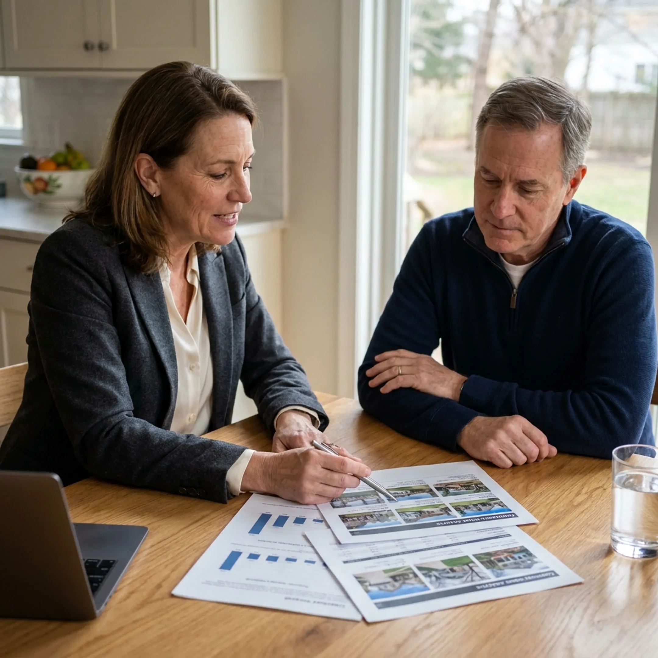 Realtor reviewing a home valuation and market analysis with a homeowner