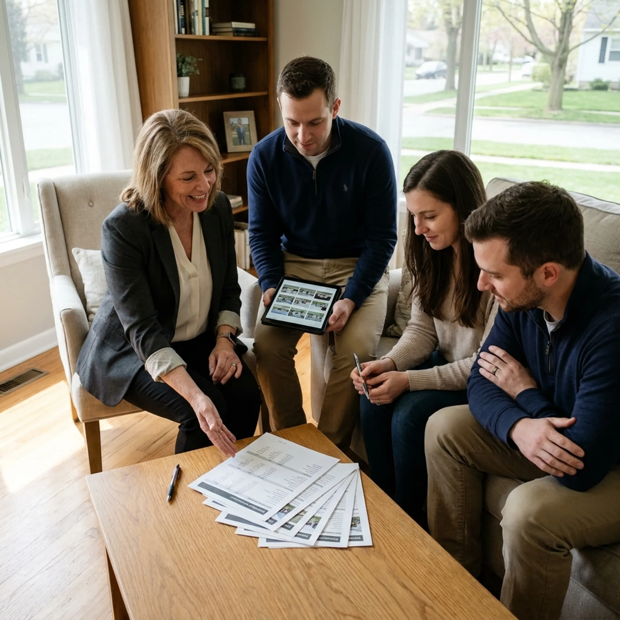 Real estate team meeting with clients in a Western New York home