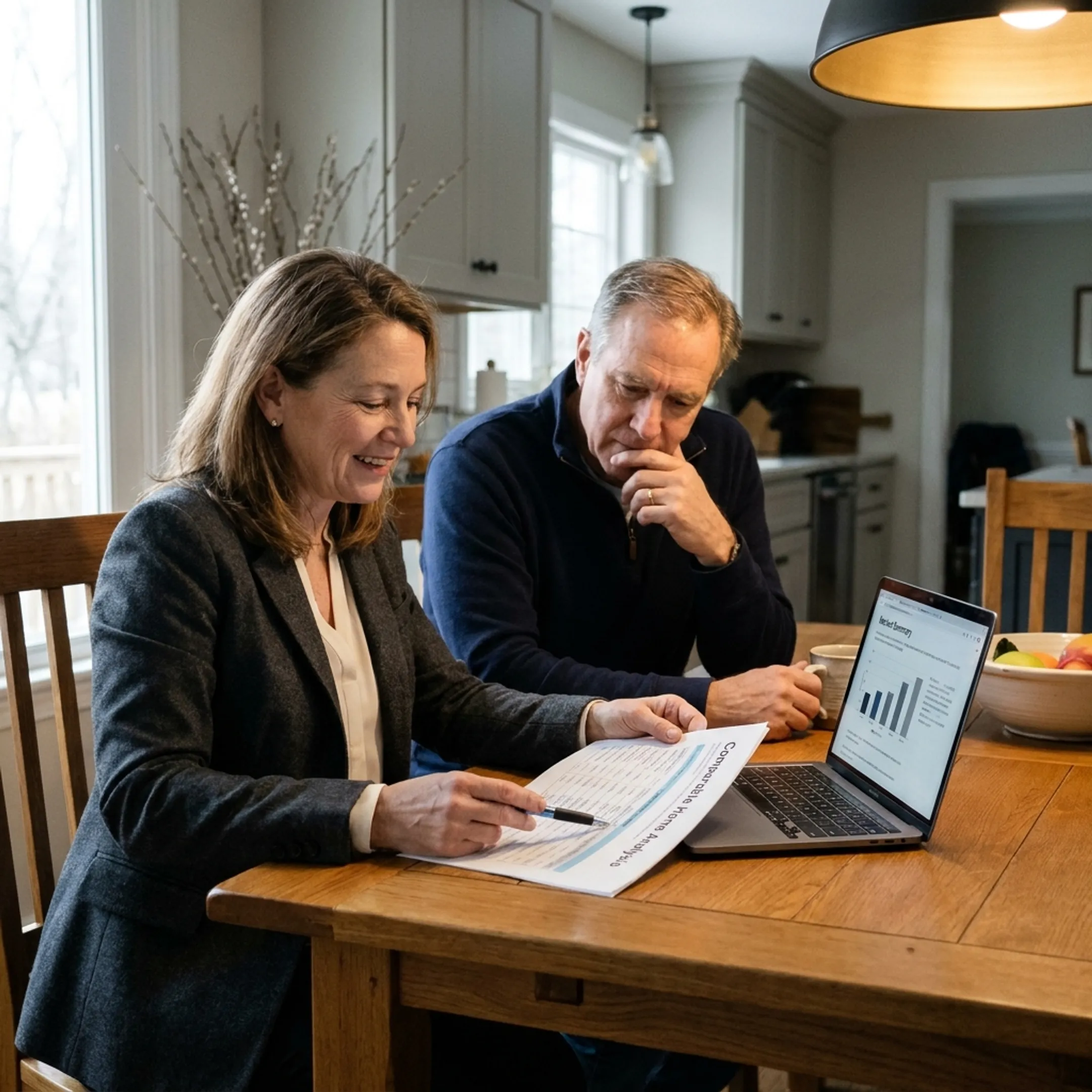 Real estate professional reviewing market information with a homeowner