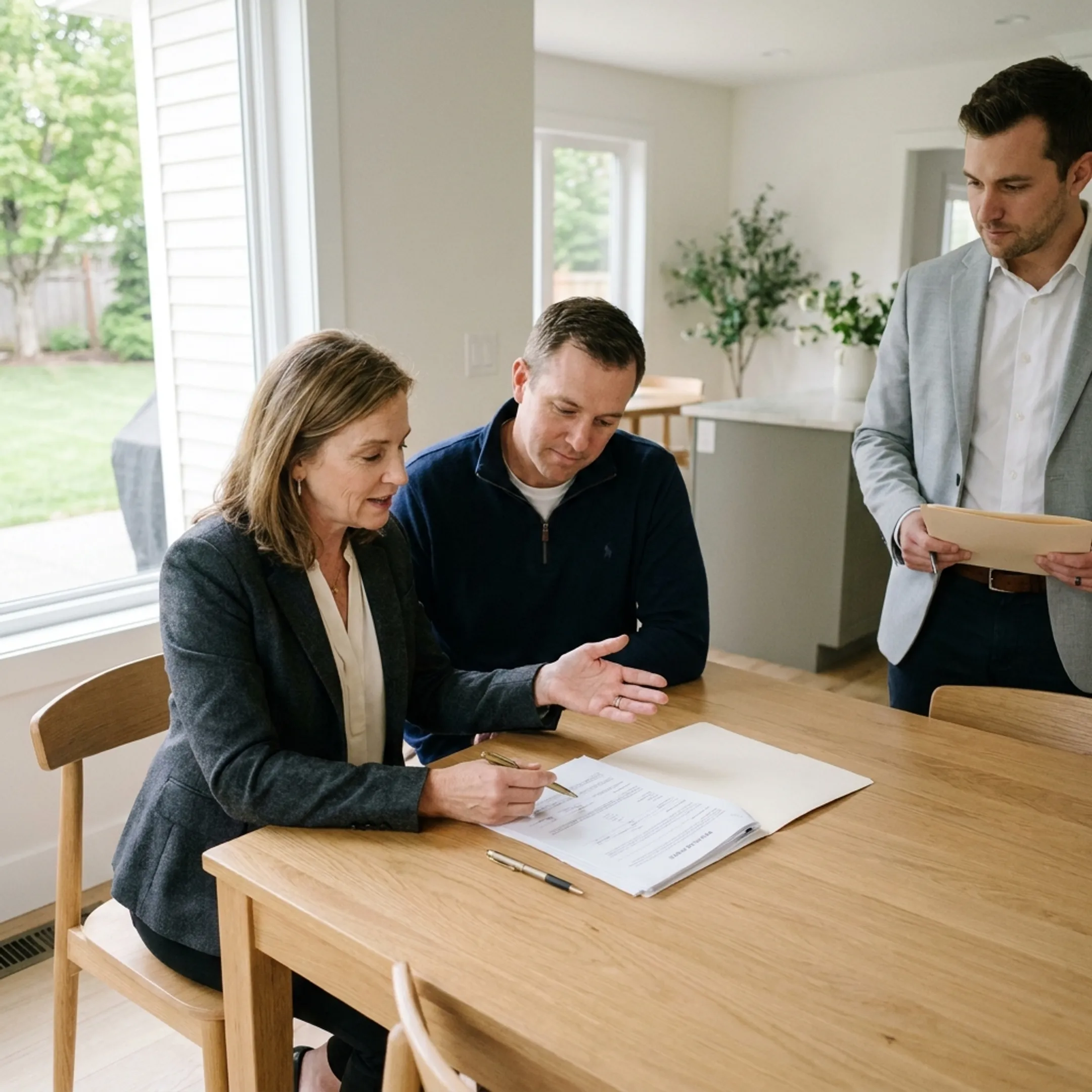 Real estate agent discussing a home sale with clients in a Western New York neighborhood