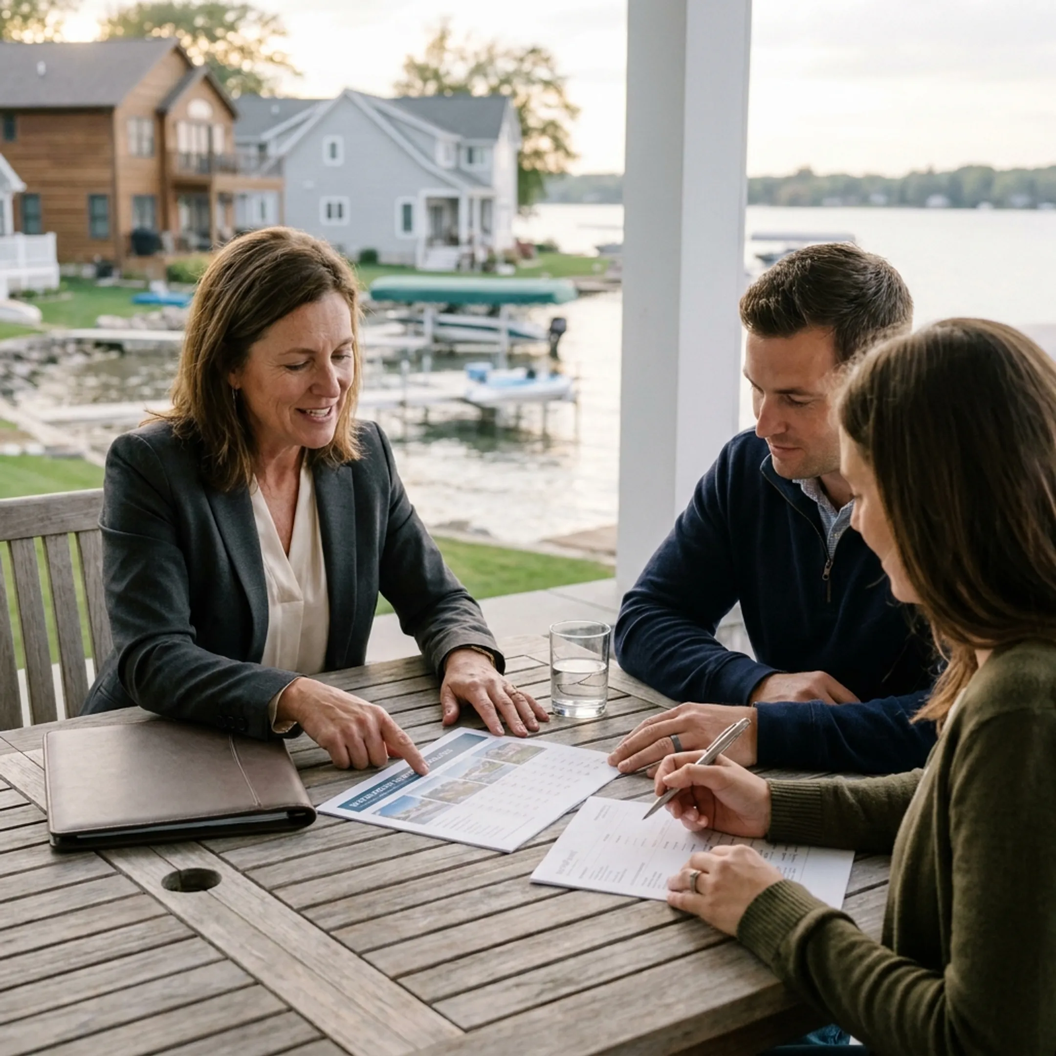 Agent presenting waterfront property market information to a home buyer