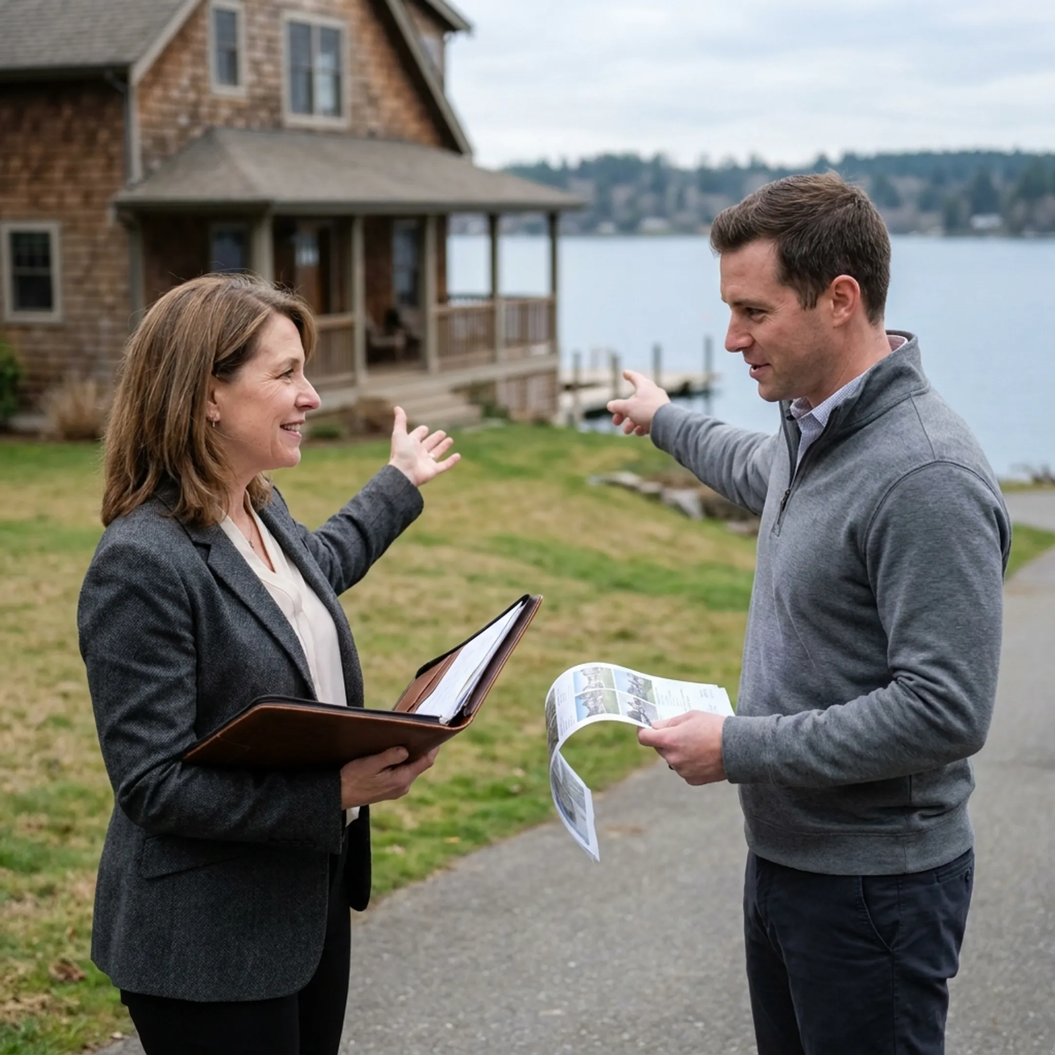 Real estate agent reviewing a waterfront home listing near Buffalo and Grand Island