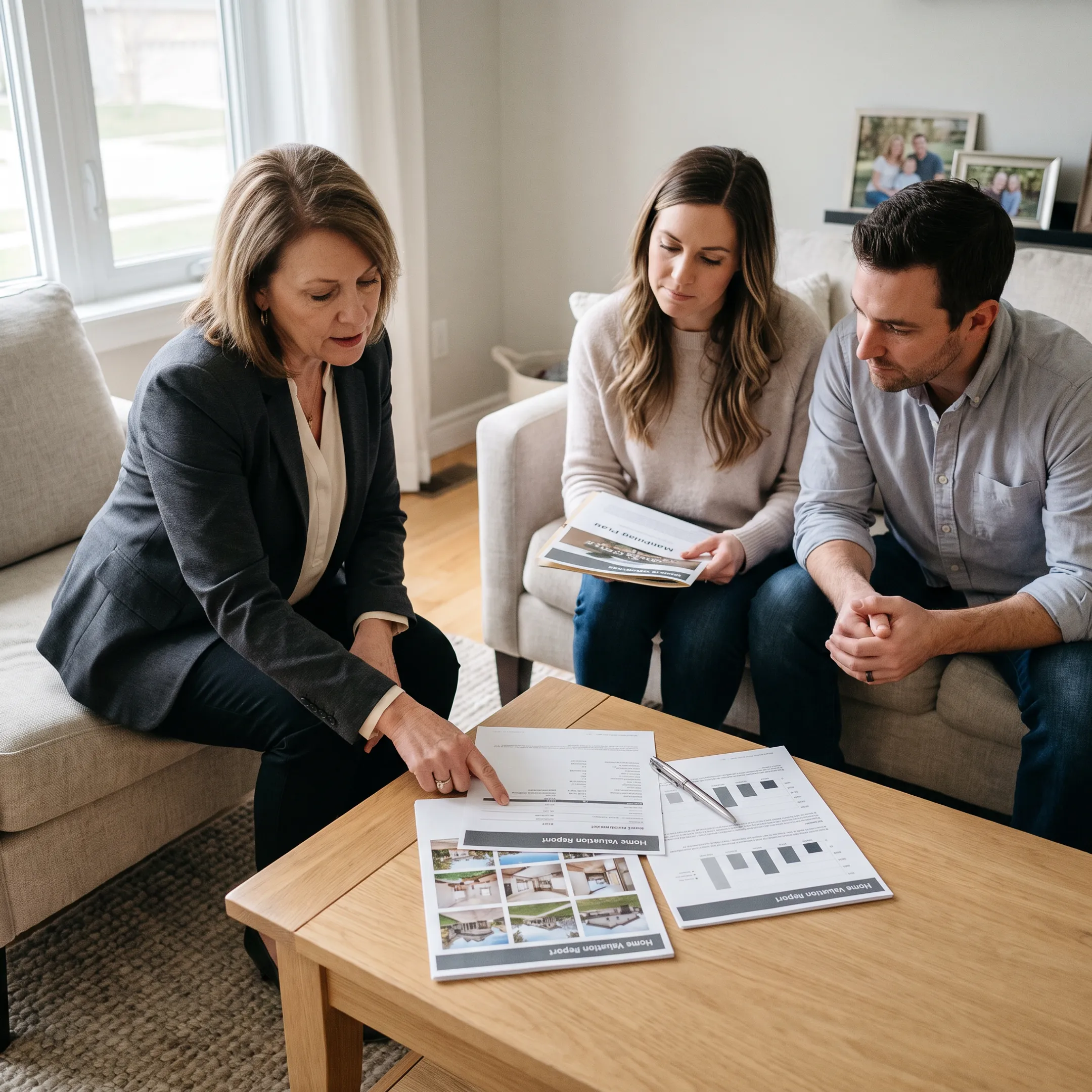 Real estate agent discussing a West Seneca home sale strategy with homeowners