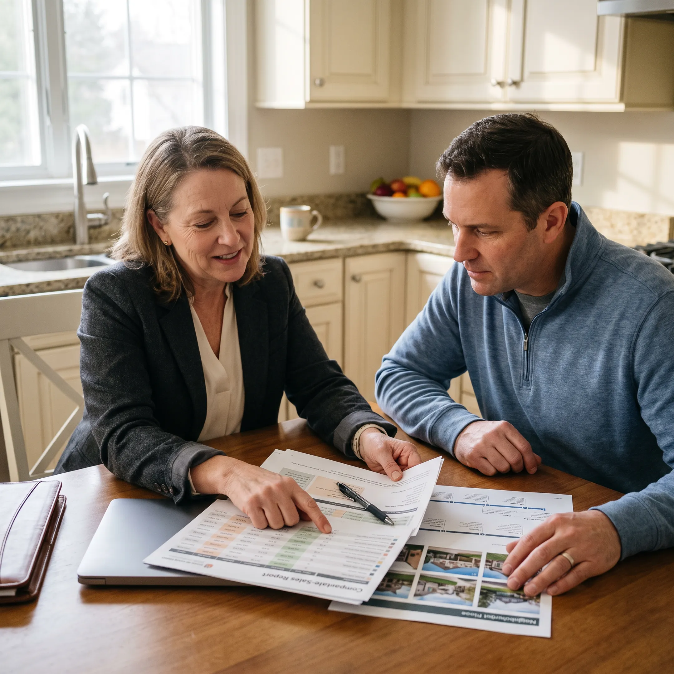 Realtor reviewing a home valuation and listing plan with a seller