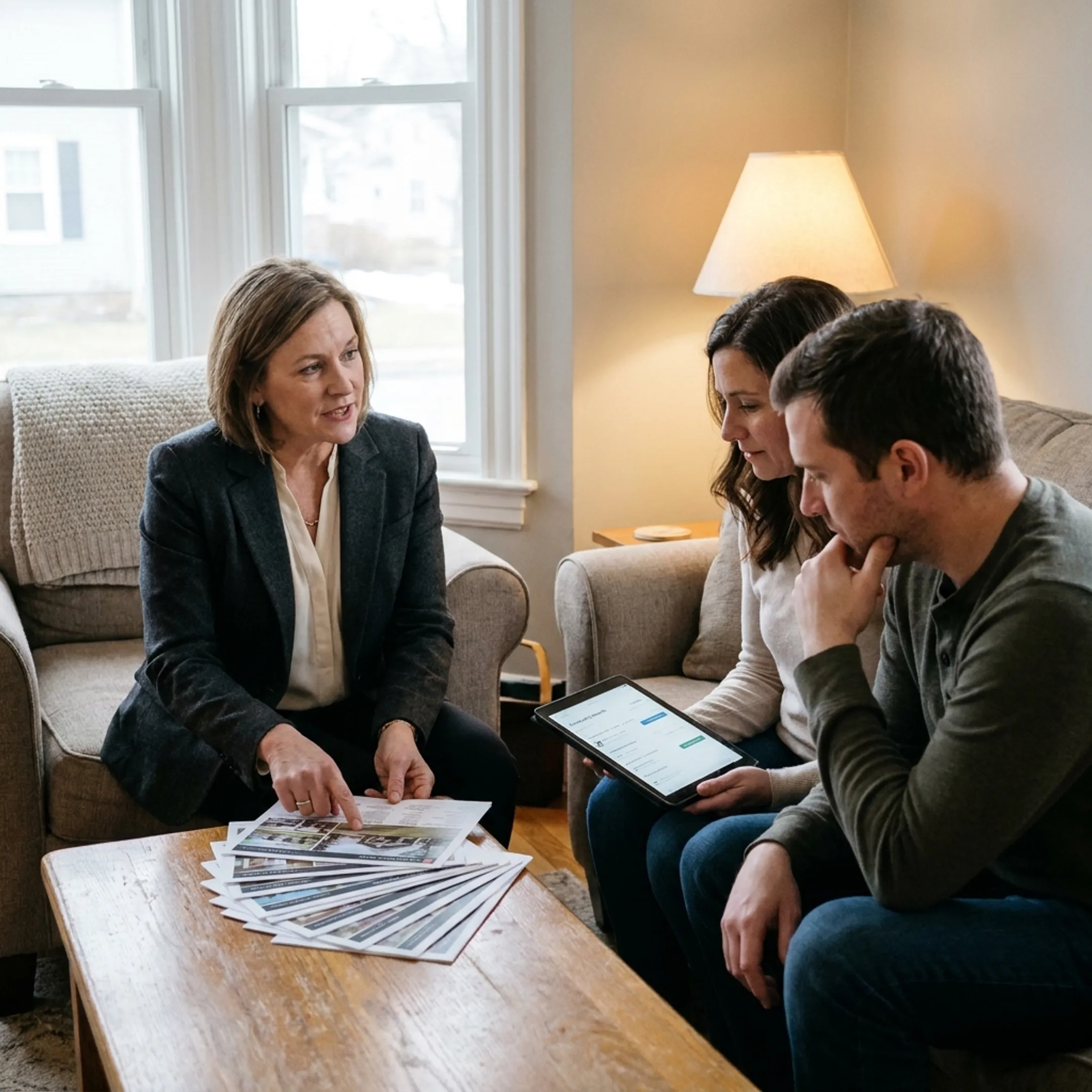 Real estate agent discussing home buying options with clients