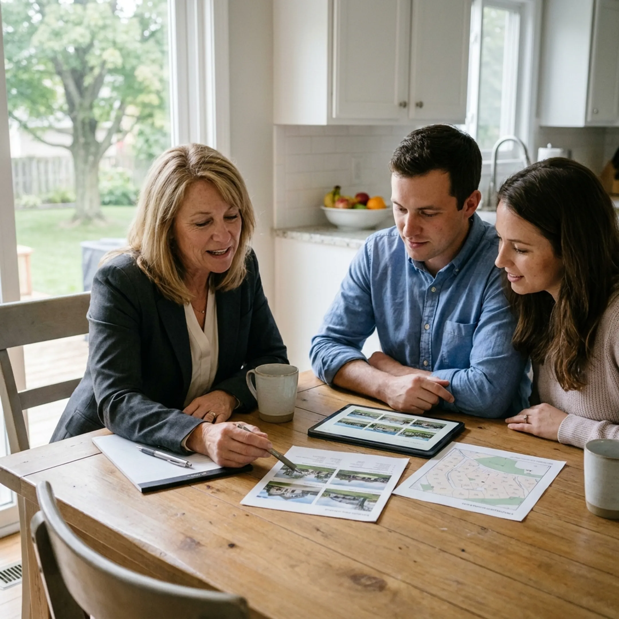 Buyer’s agent reviewing Lancaster, NY home listings with clients