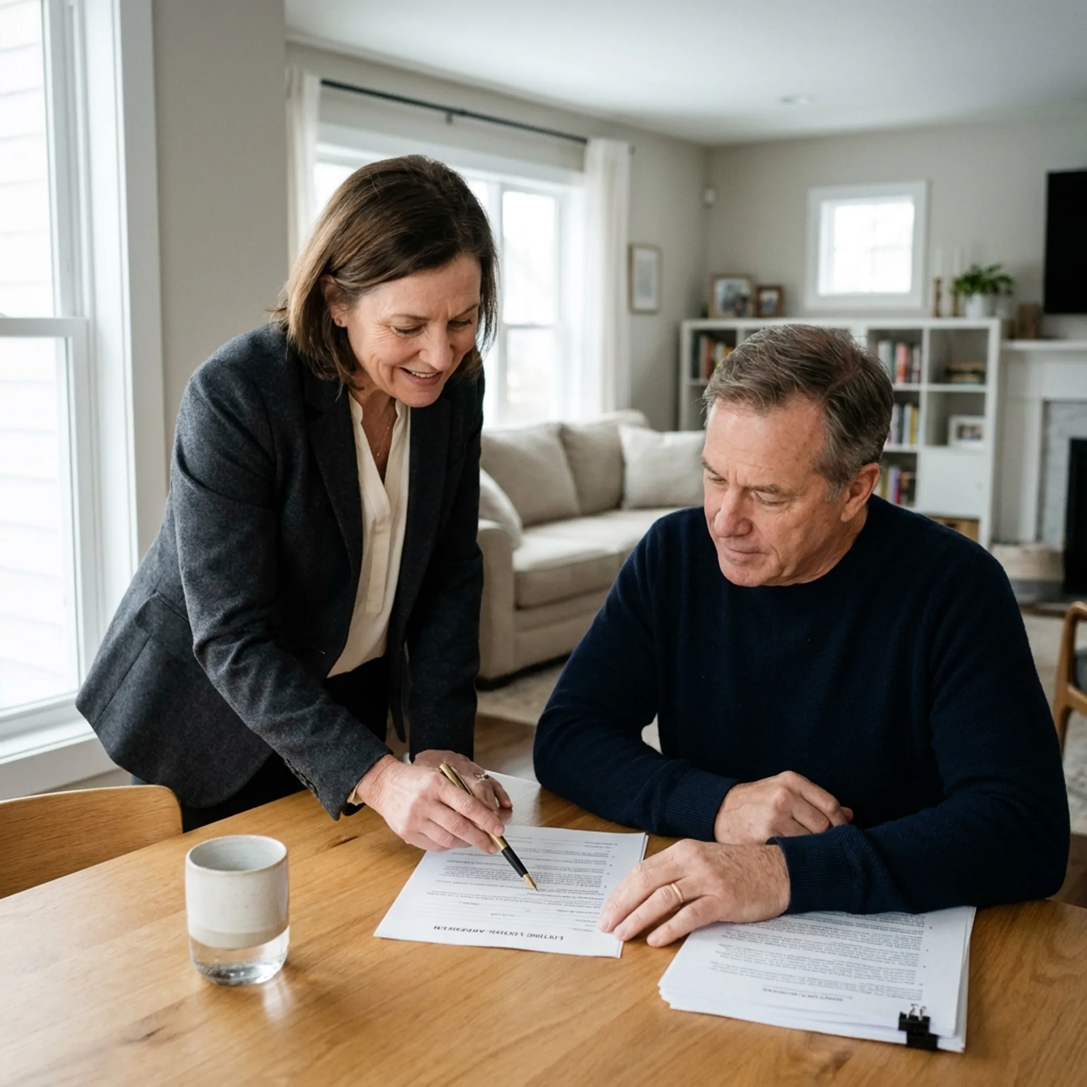 Real estate agent discussing a Williamsville home listing with a homeowner
