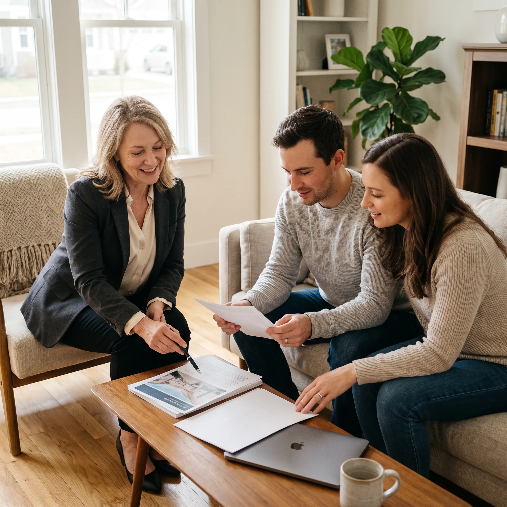 Real estate agent discussing a Clarence home listing with clients