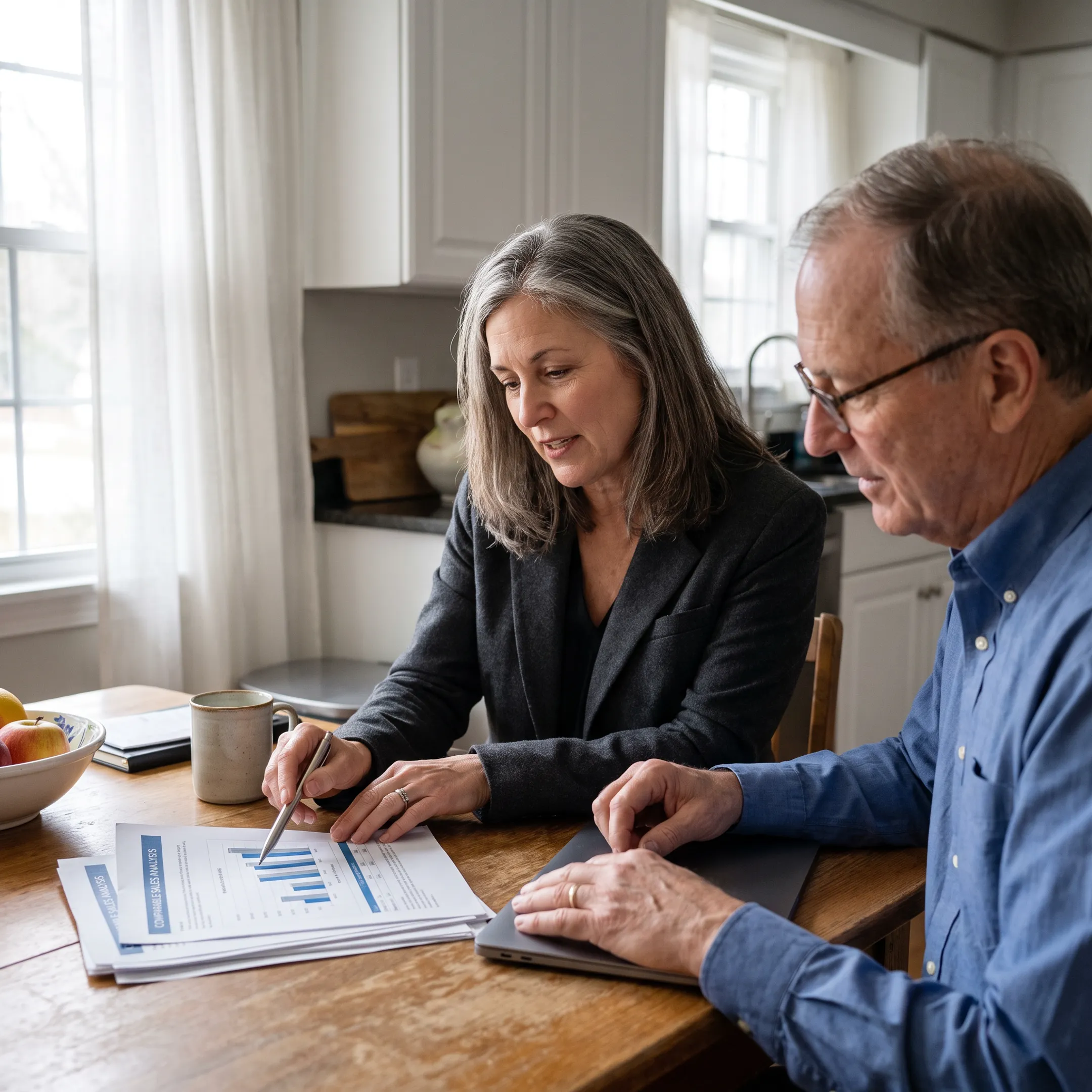 Realtor reviewing Lancaster home valuation data with a homeowner