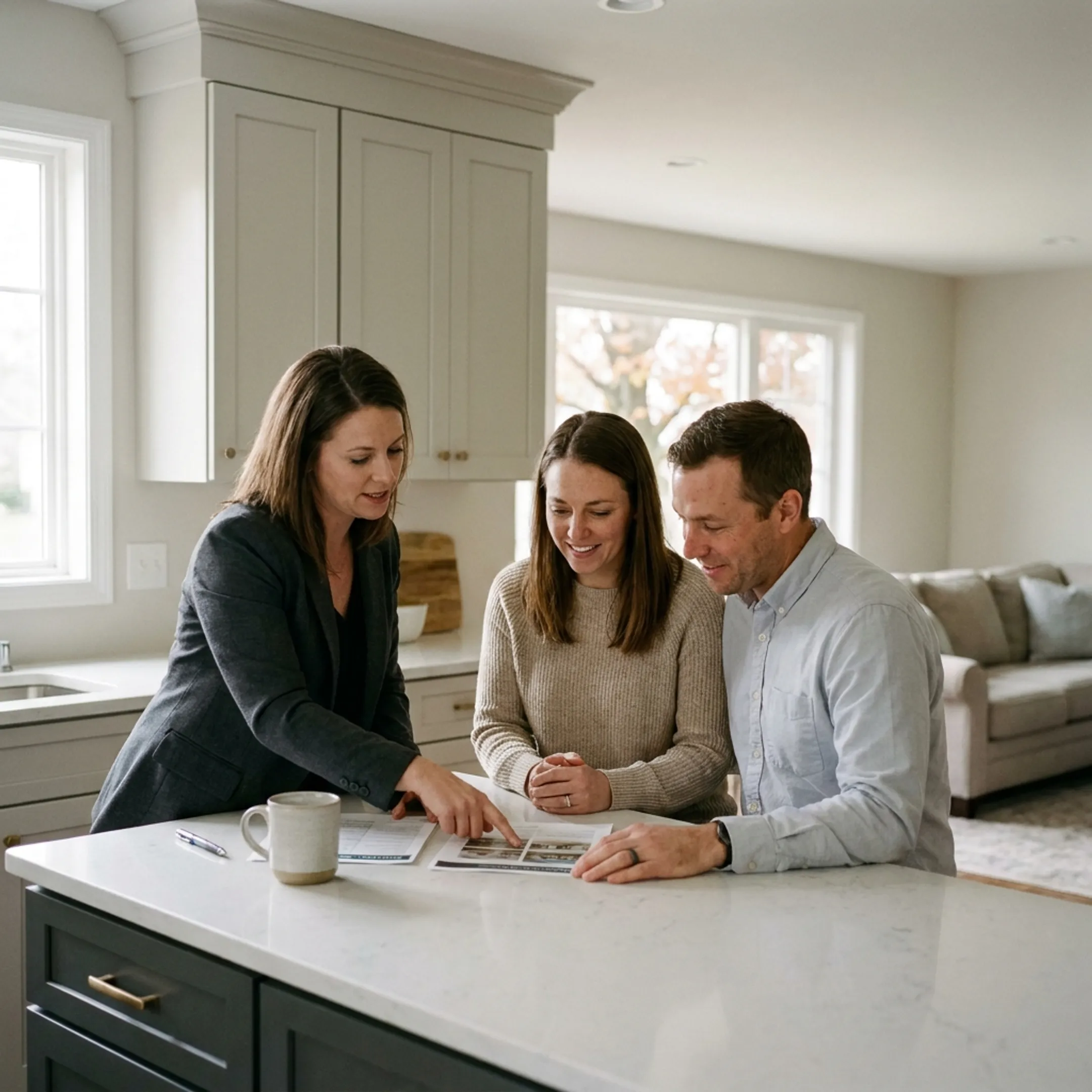 Real estate agent discussing an Orchard Park home purchase with clients