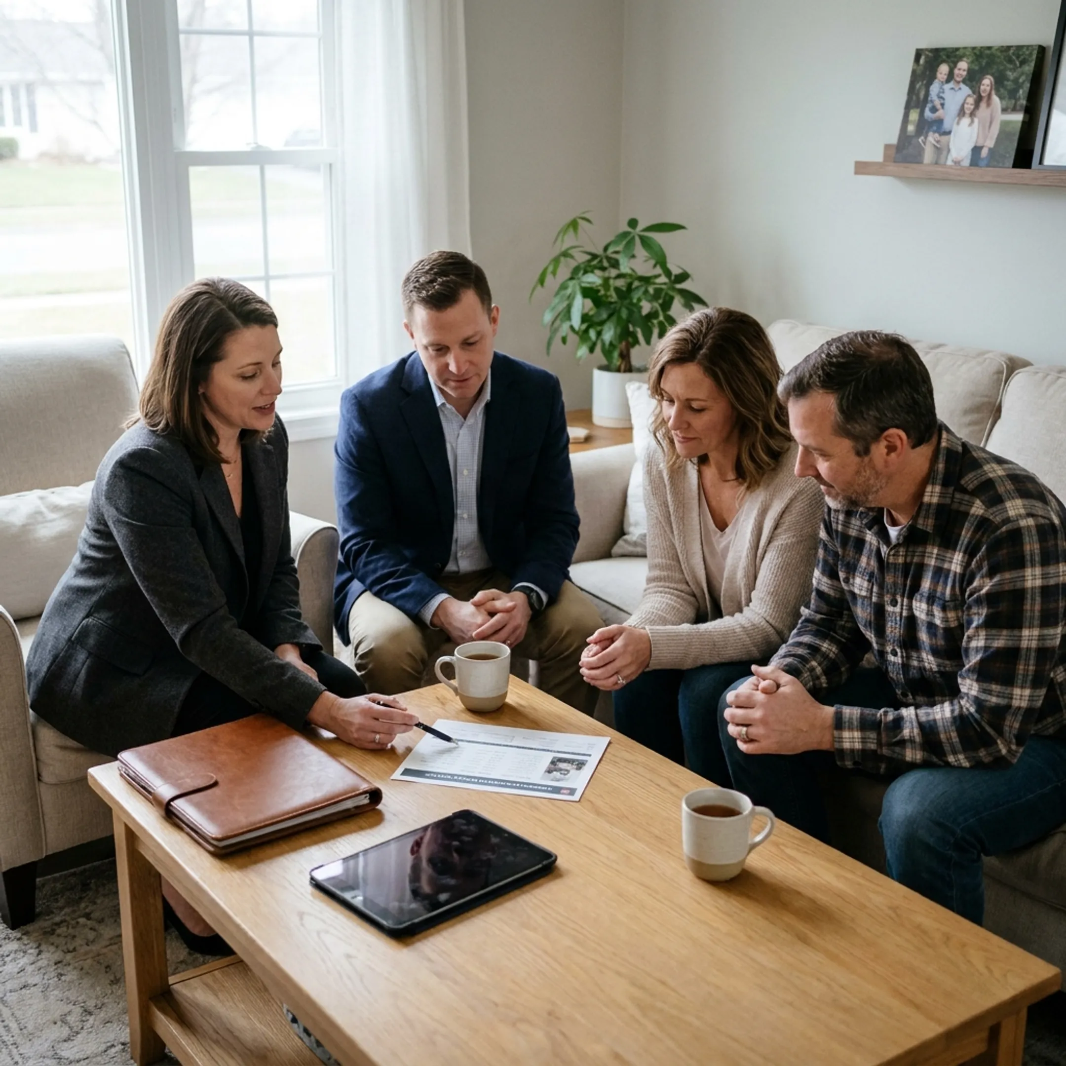 Real estate agents discussing a Depew, NY home sale with clients