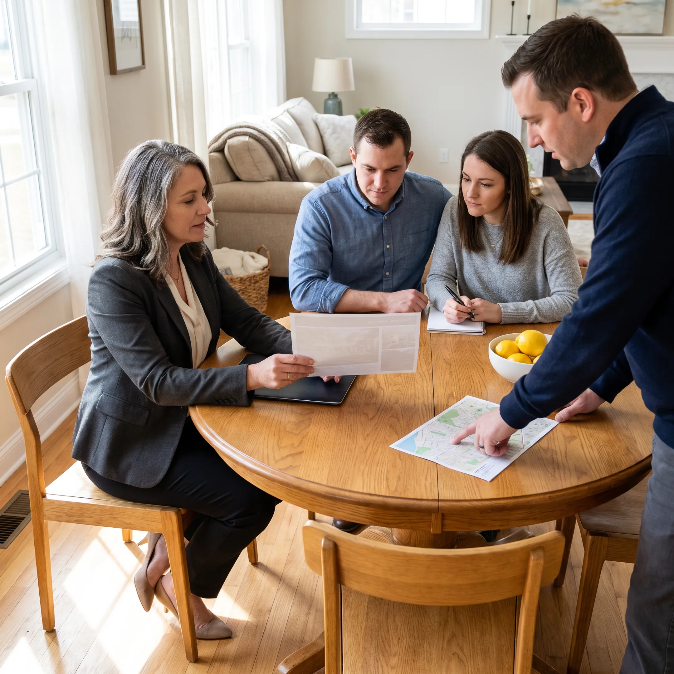 Real estate agent discussing a home listing with clients in Hamburg, New York