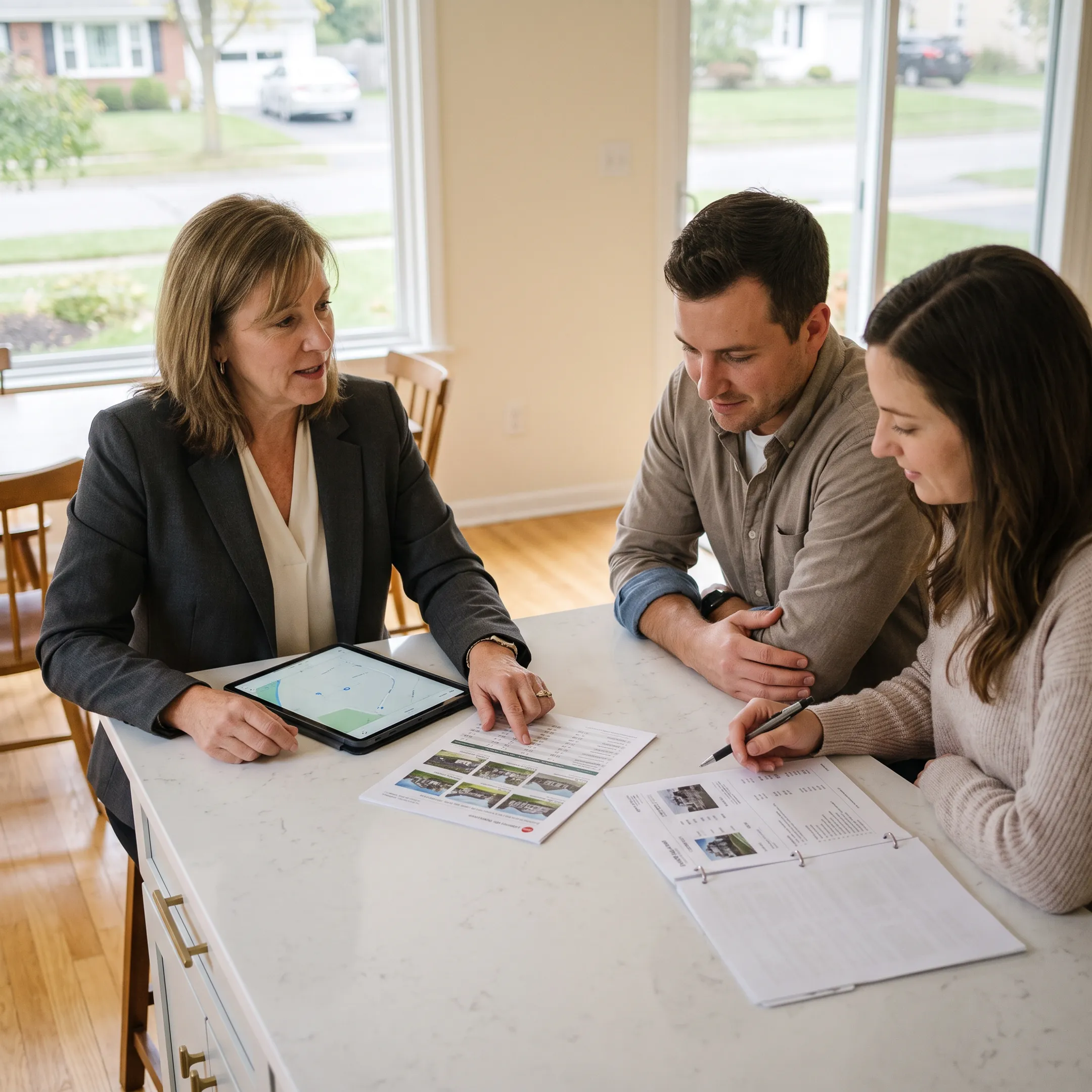 Real estate agent discussing a home purchase with clients in West Seneca