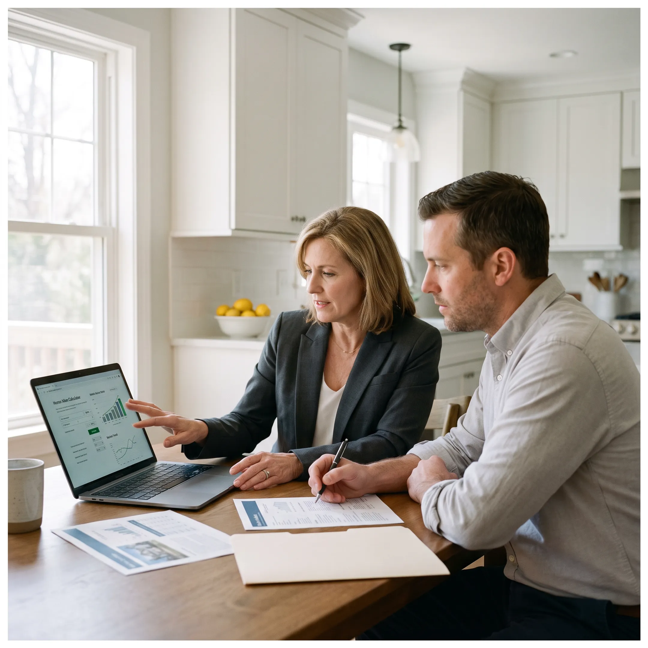 Homebuyer reviewing property values and buying and selling calculations with a real estate professional