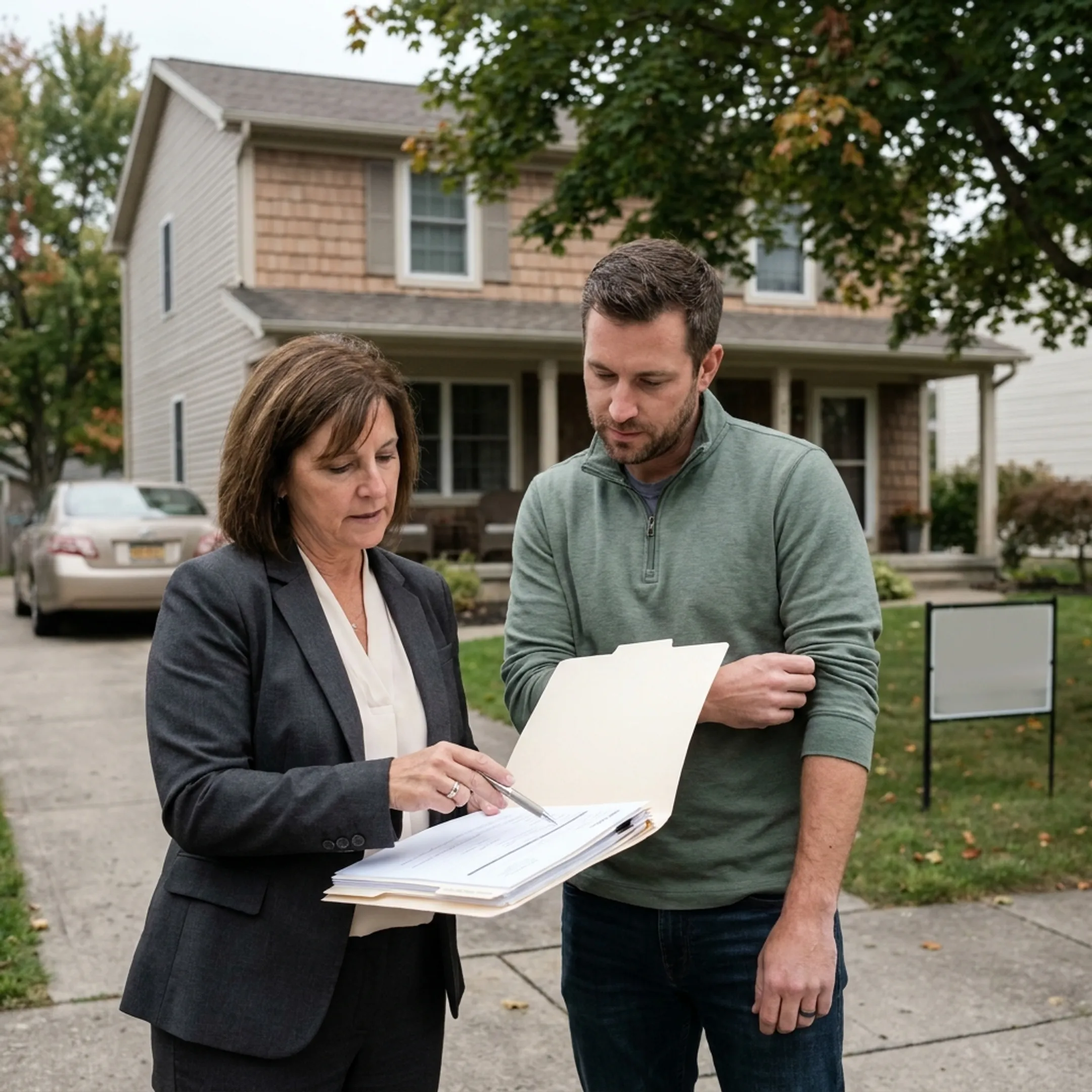 Real estate professional discussing probate home sale documents with an Amherst property owner