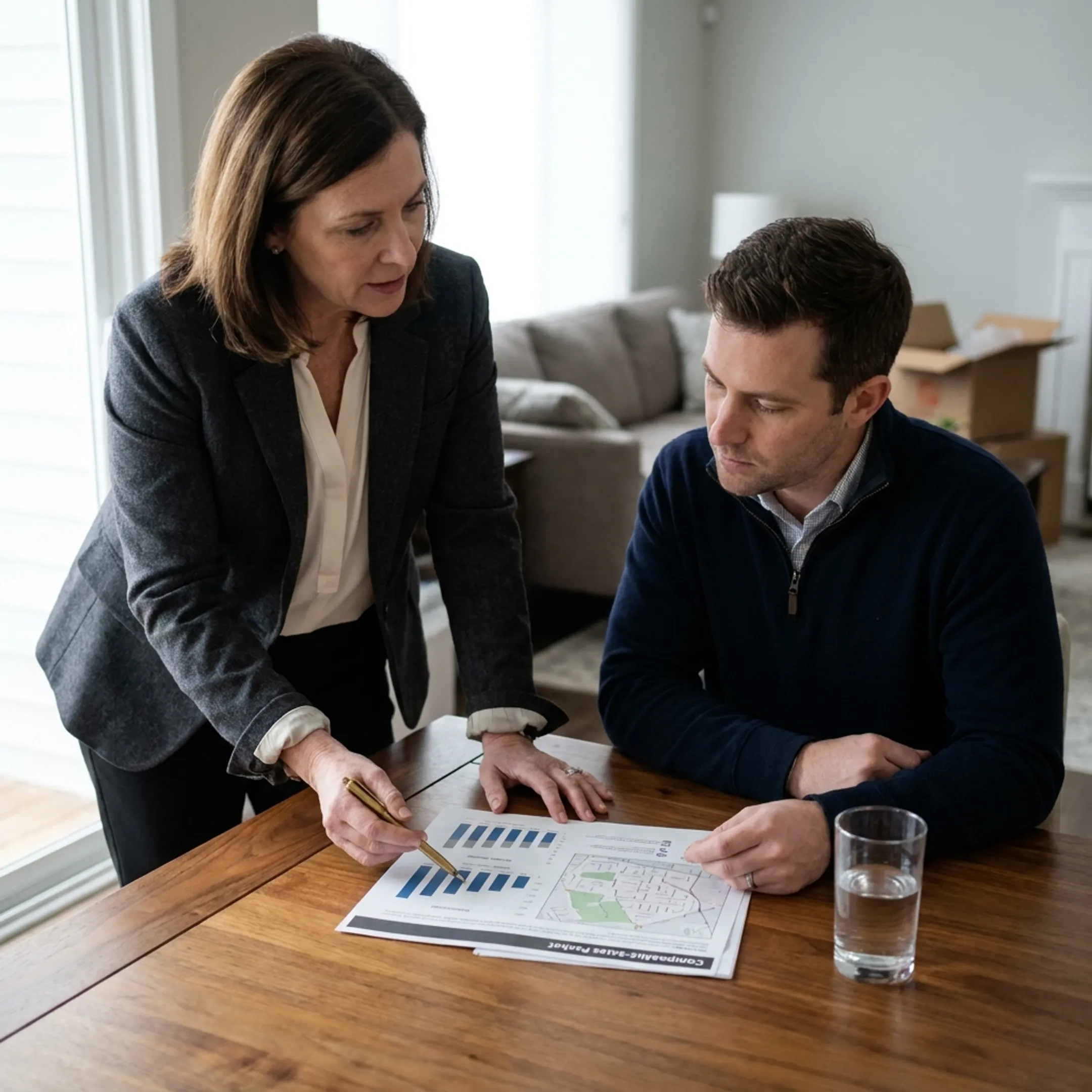 Agent reviewing a market analysis with an heir for a probate property sale