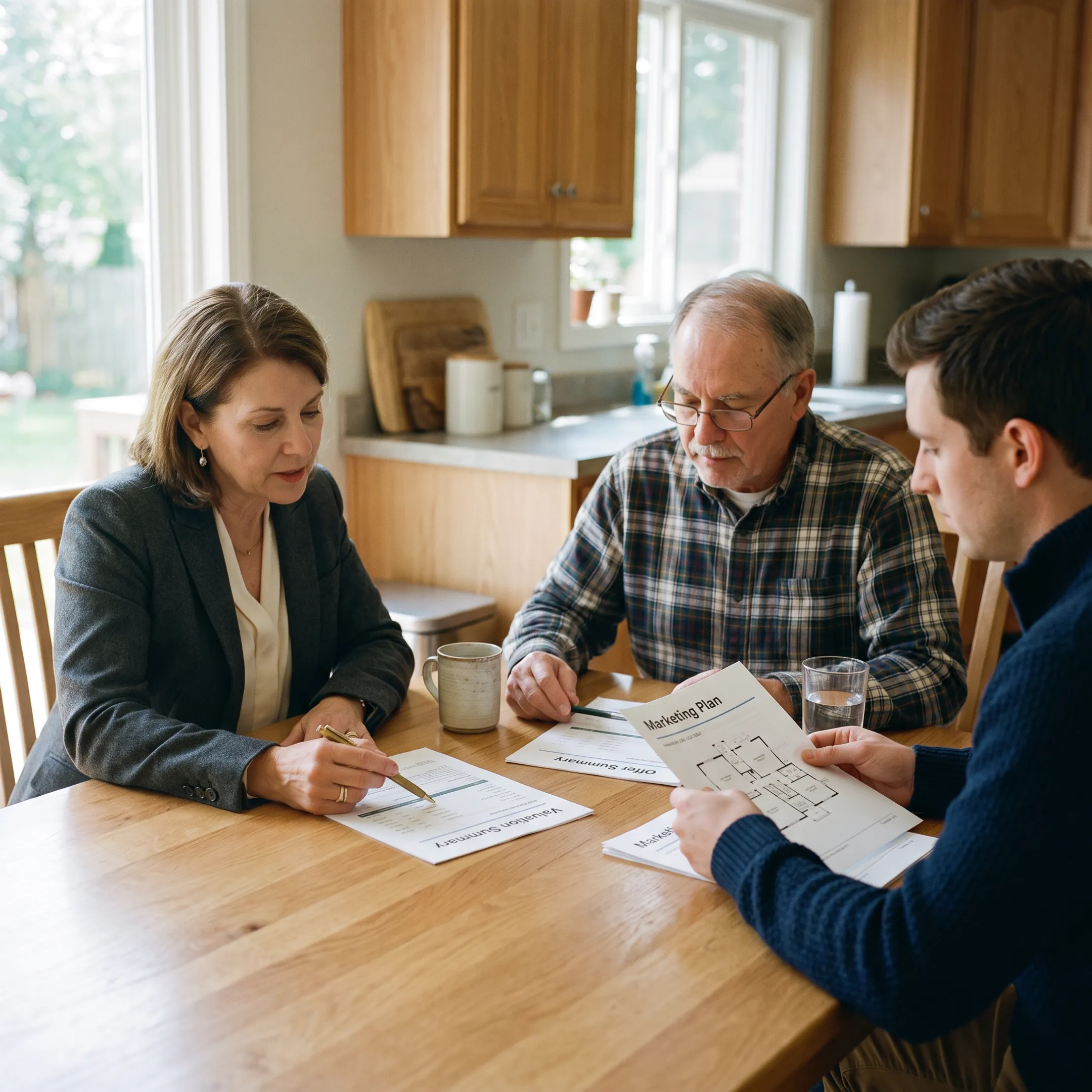 Real estate team reviewing a home sale process with a homeowner