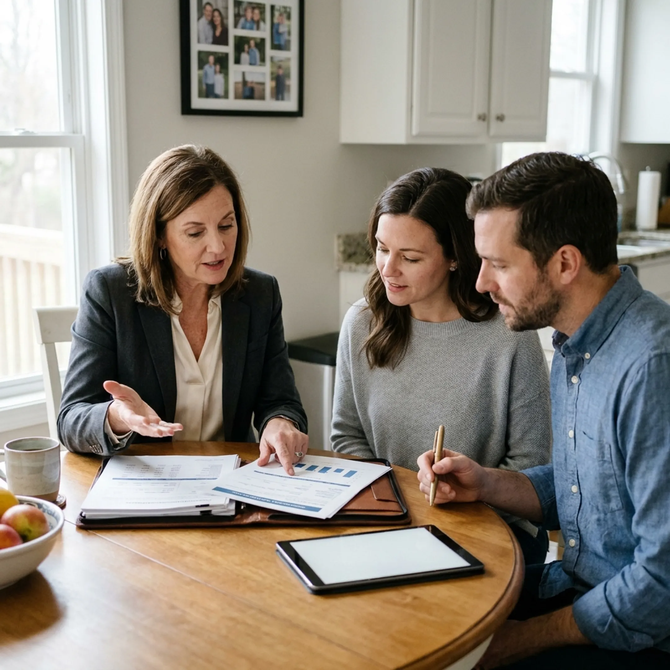 Real estate agent discussing a home sale strategy with homeowners at a property