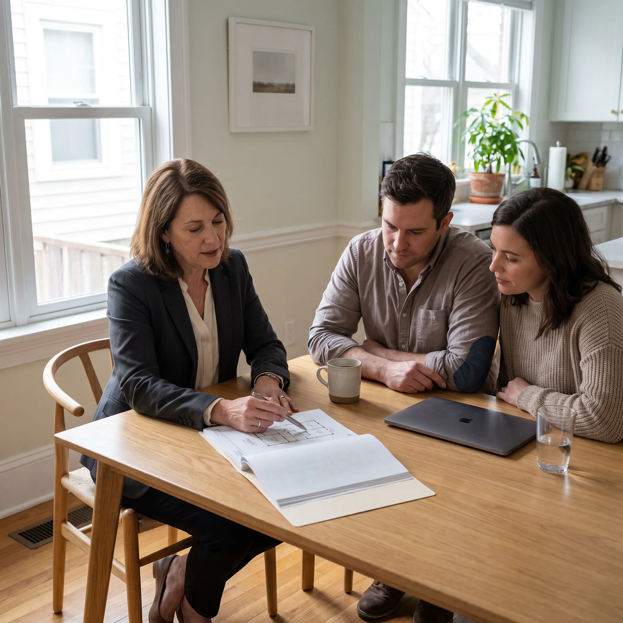 Real estate professionals discussing a home purchase near East Aurora, New York