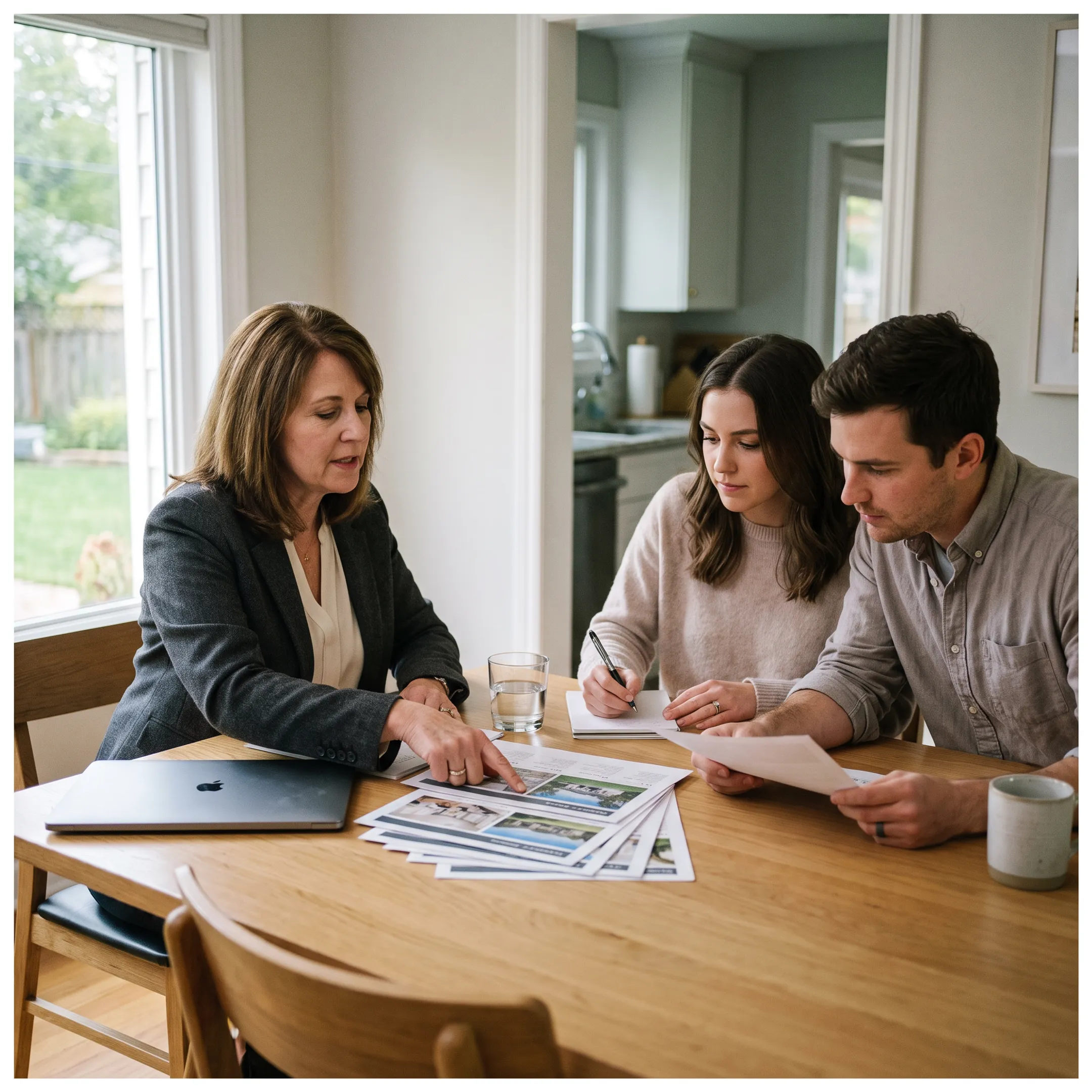 First-time homebuyers discussing property options with a real estate specialist