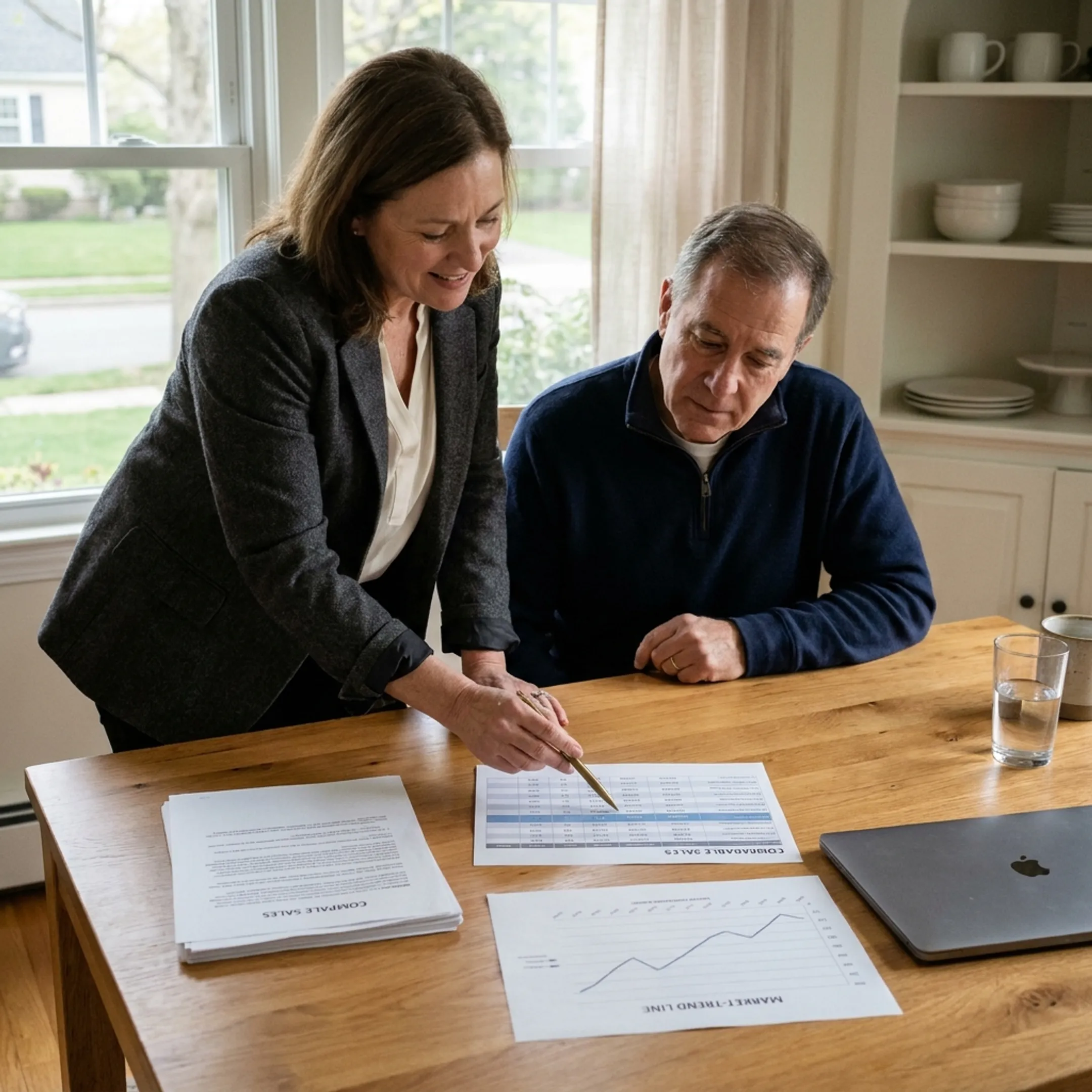 Realtor reviewing a home valuation and market information with a homeowner