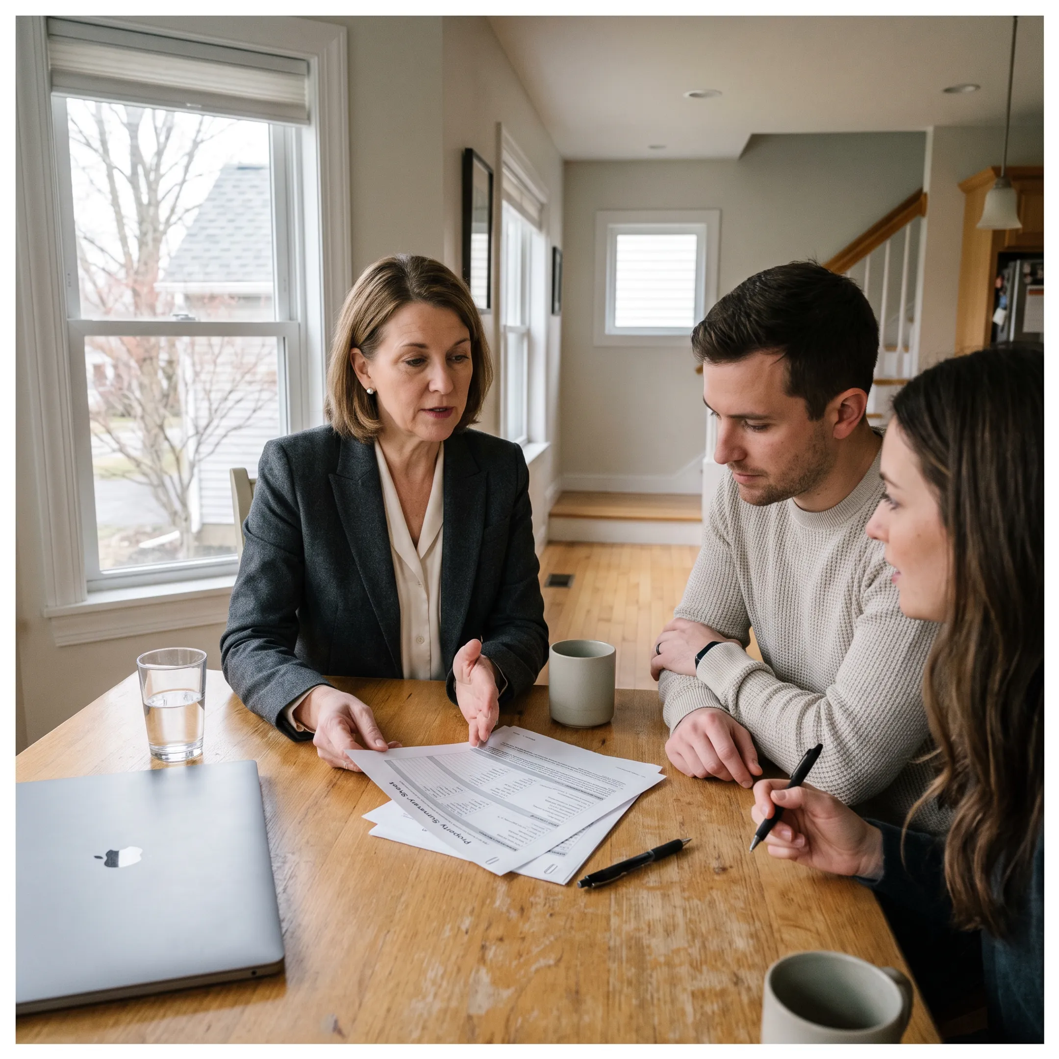 Real estate agent discussing a home purchase with clients in a Western New York property
