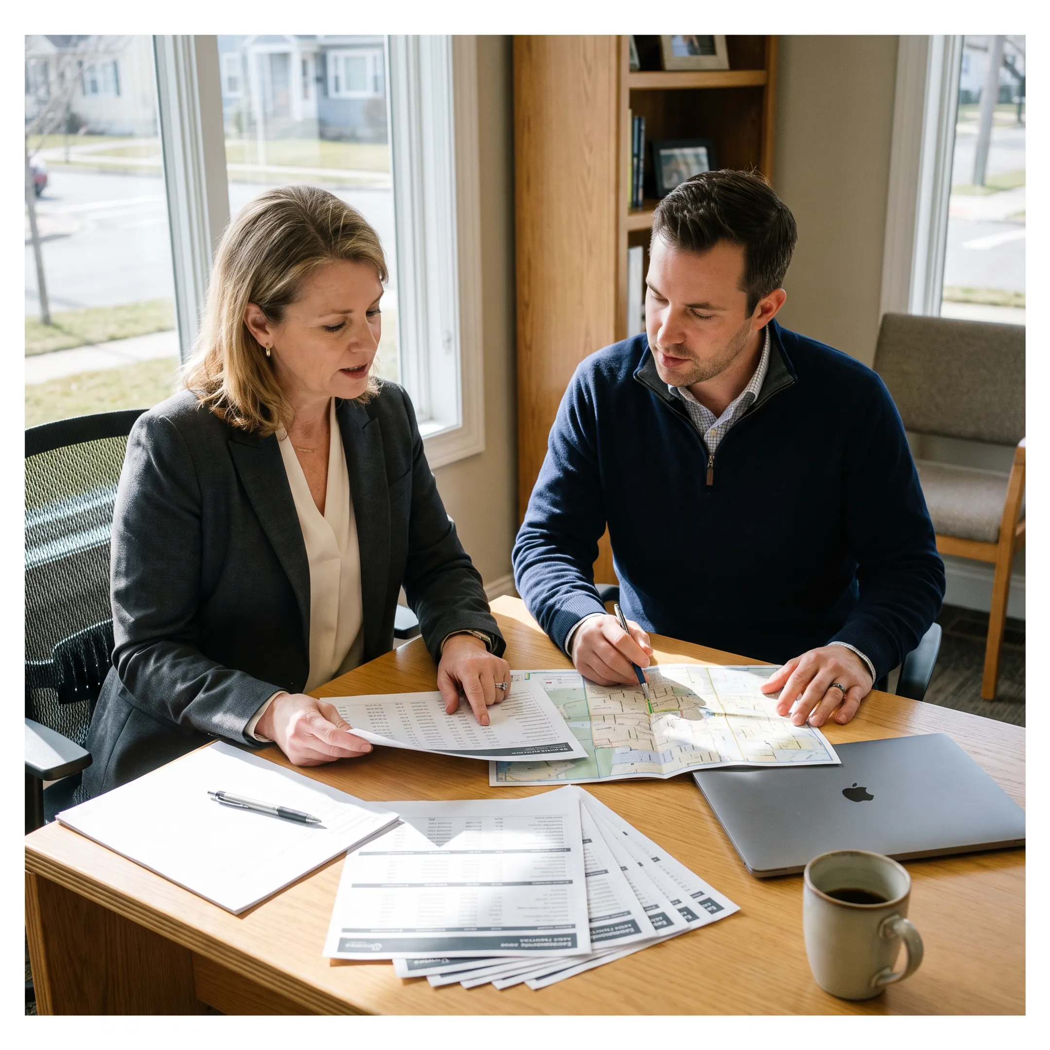 Real estate agent reviewing multifamily property investment documents with a client